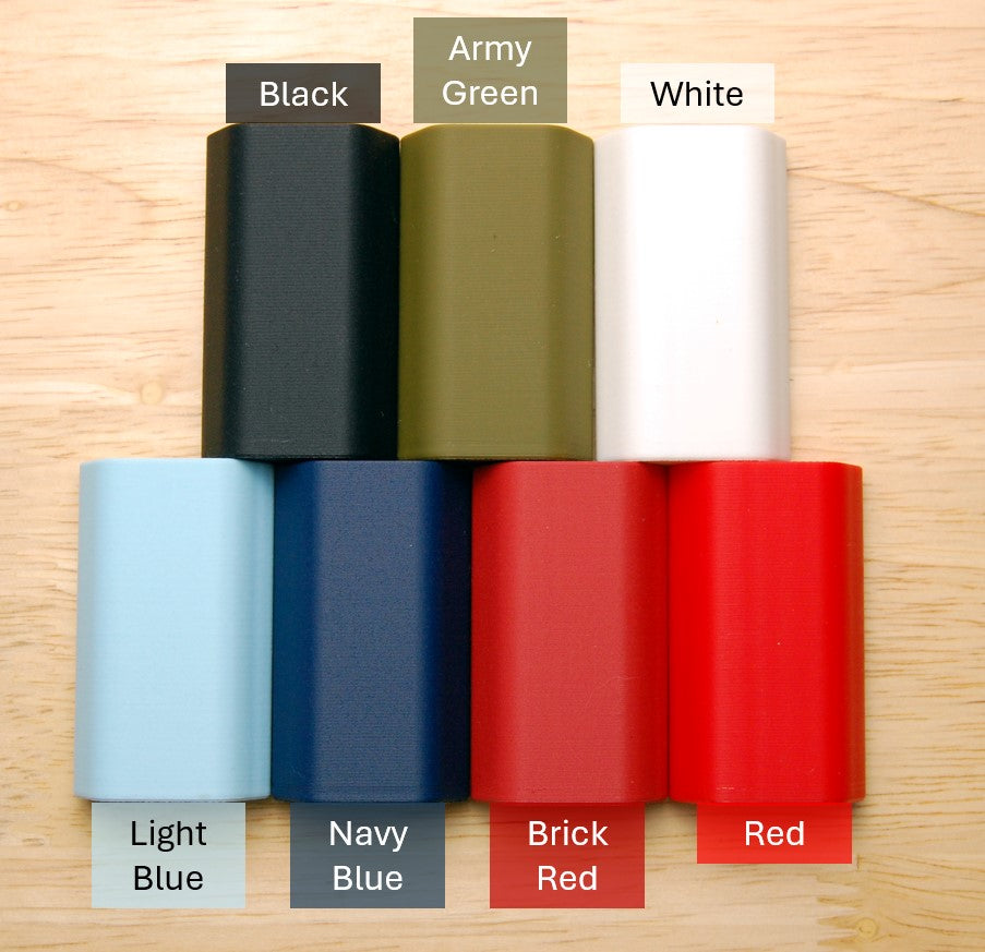 Sample colors sitting on a wooden table.  
Top Row: Black, Army Green, White
Bottom Row: Light Blue, Navy Blue, Brick Red, Red.