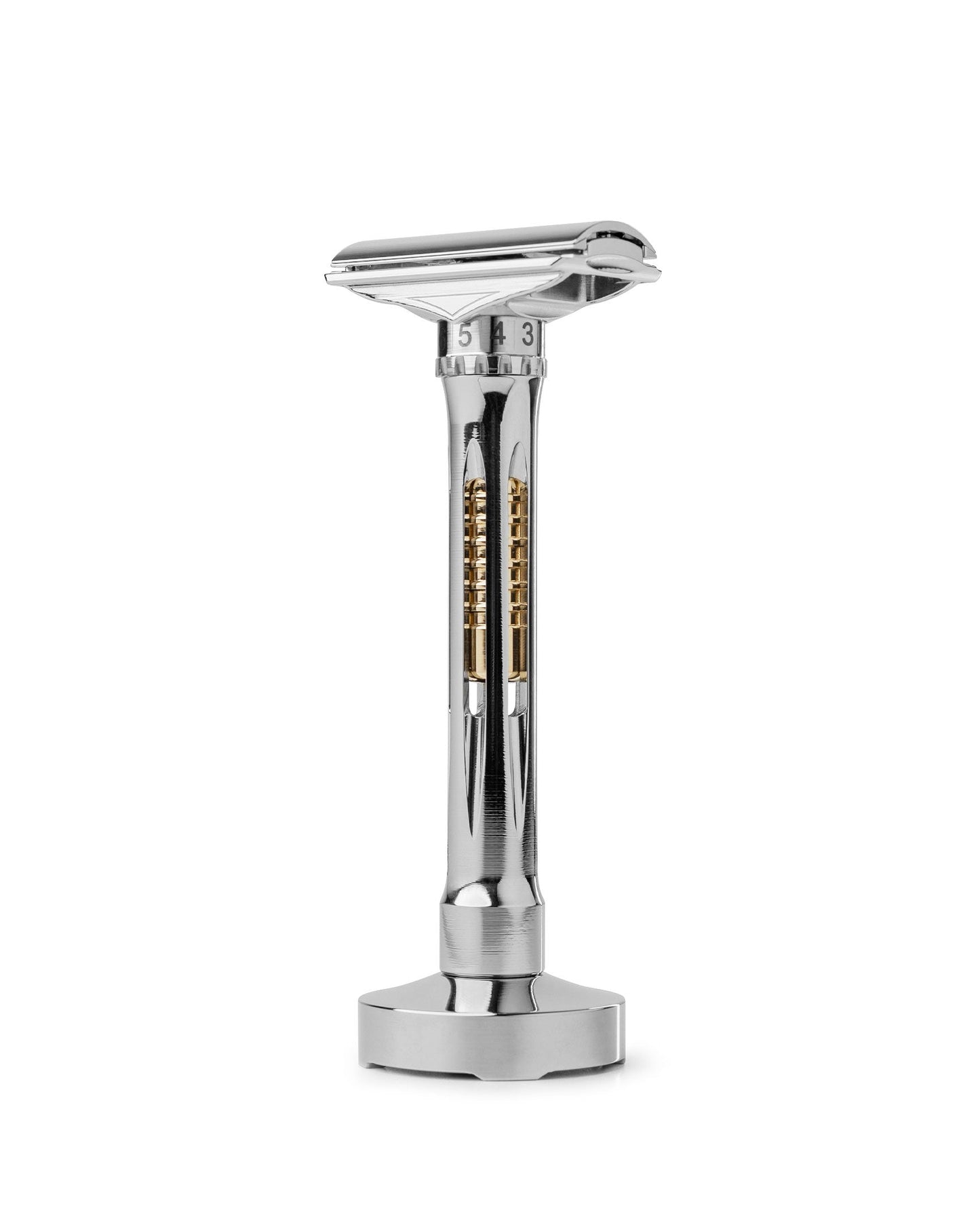 Chrome adjustable double-edge safety razor with numbered settings 3-5, gold internal mechanism visible through handle cutouts, on chrome stand