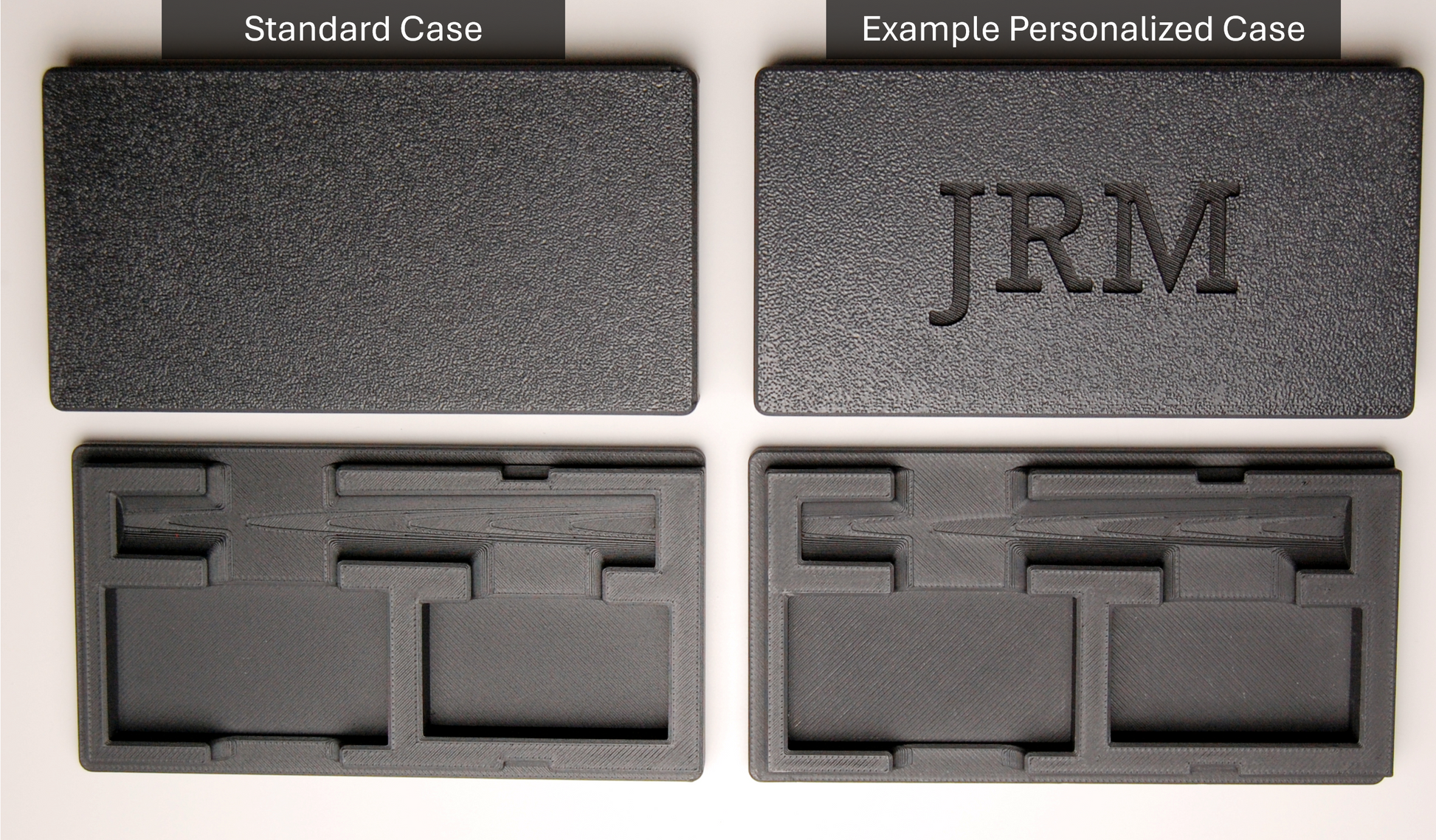 Example standard and personalized Henson Razor Travel Cases.  Standard case is on the left, personalized case is on the right with the letters "JRM" showcased on the lid.  Cases are sitting on a white back ground with the text "Standard Case" above the left  razor travel case and "Example Personalized Case" above the right razor travel case case.
