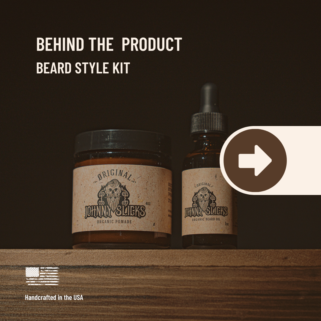 Johnny Slicks Original Beard Style Kit with 4oz organic pomade jar and 1oz organic beard oil dropper bottle on wood surface