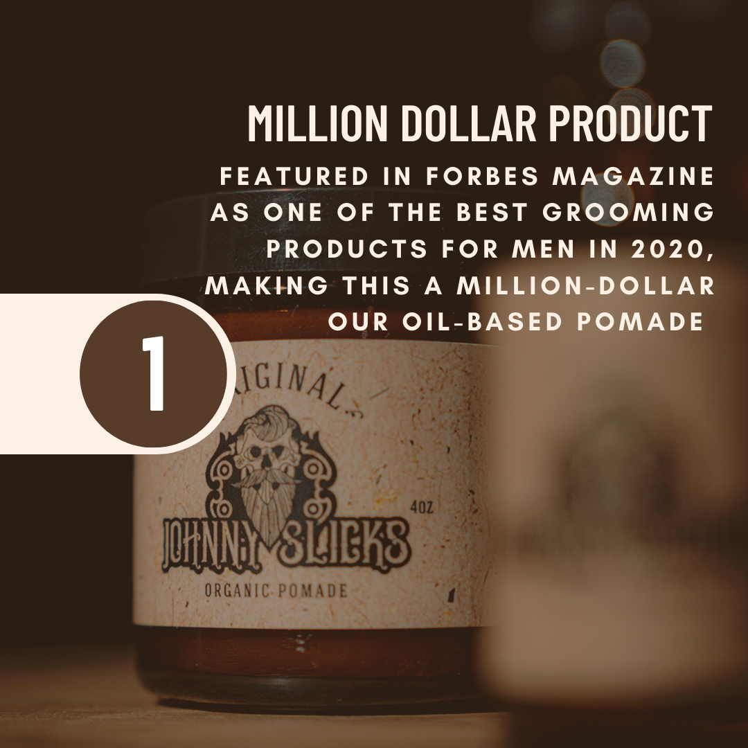 Johnny Slicks Original Organic Pomade 4oz jar with skull logo, oil-based formula, as featured in Forbes Magazine