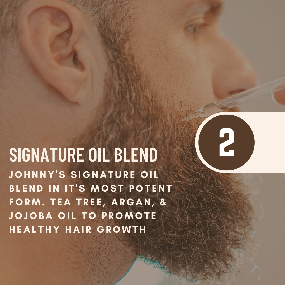 Man applying beard oil from dropper to cheek, text reads Signature Oil Blend with tea tree, argan, and jojoba oil, step 2