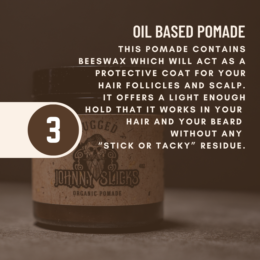 Johnny Slicks Rugged Organic Pomade 4oz jar with brown label, oil based beeswax pomade for hair and beard styling
