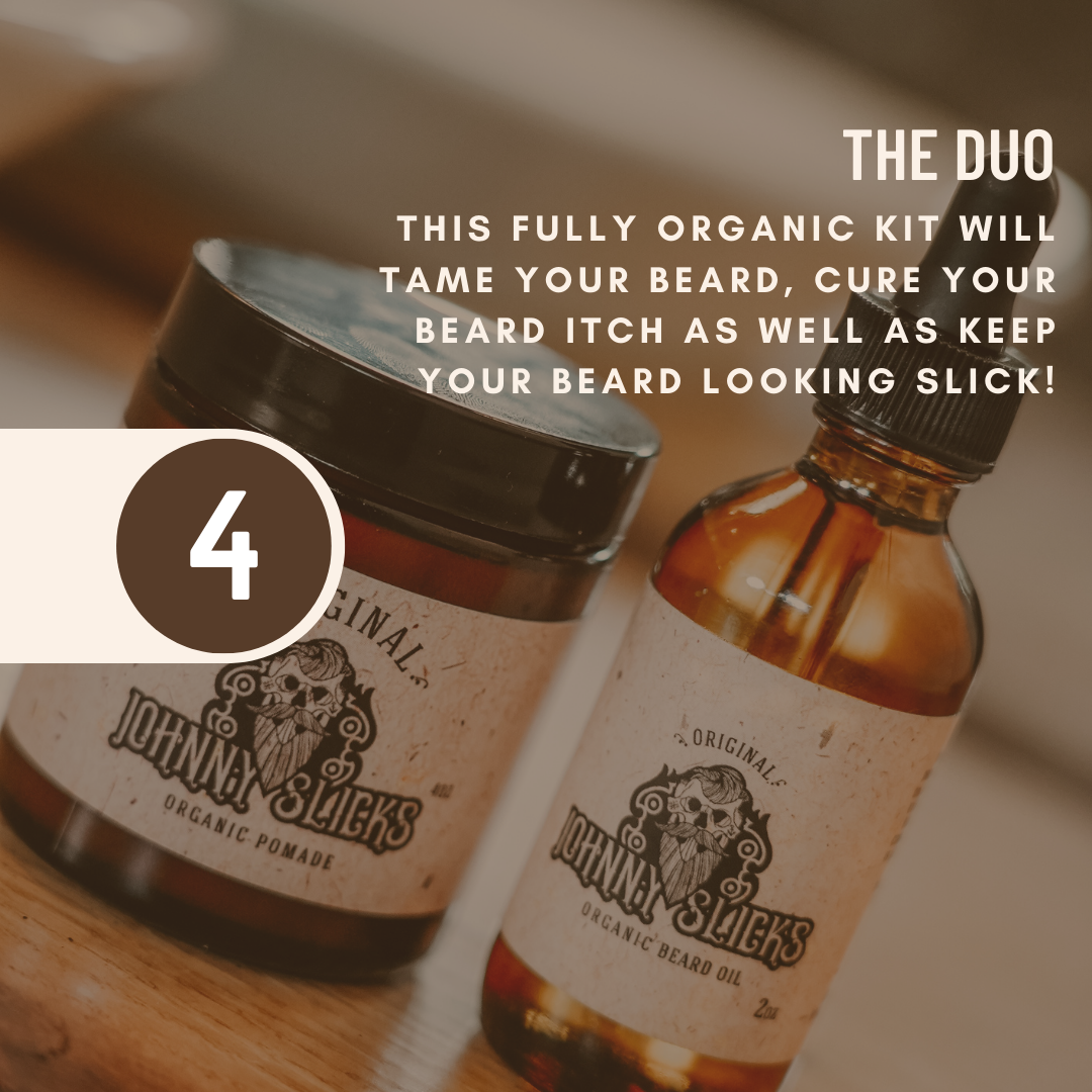 Johnny Slicks Original Organic Pomade jar and Organic Beard Oil 2oz dropper bottle, amber containers with skull logo