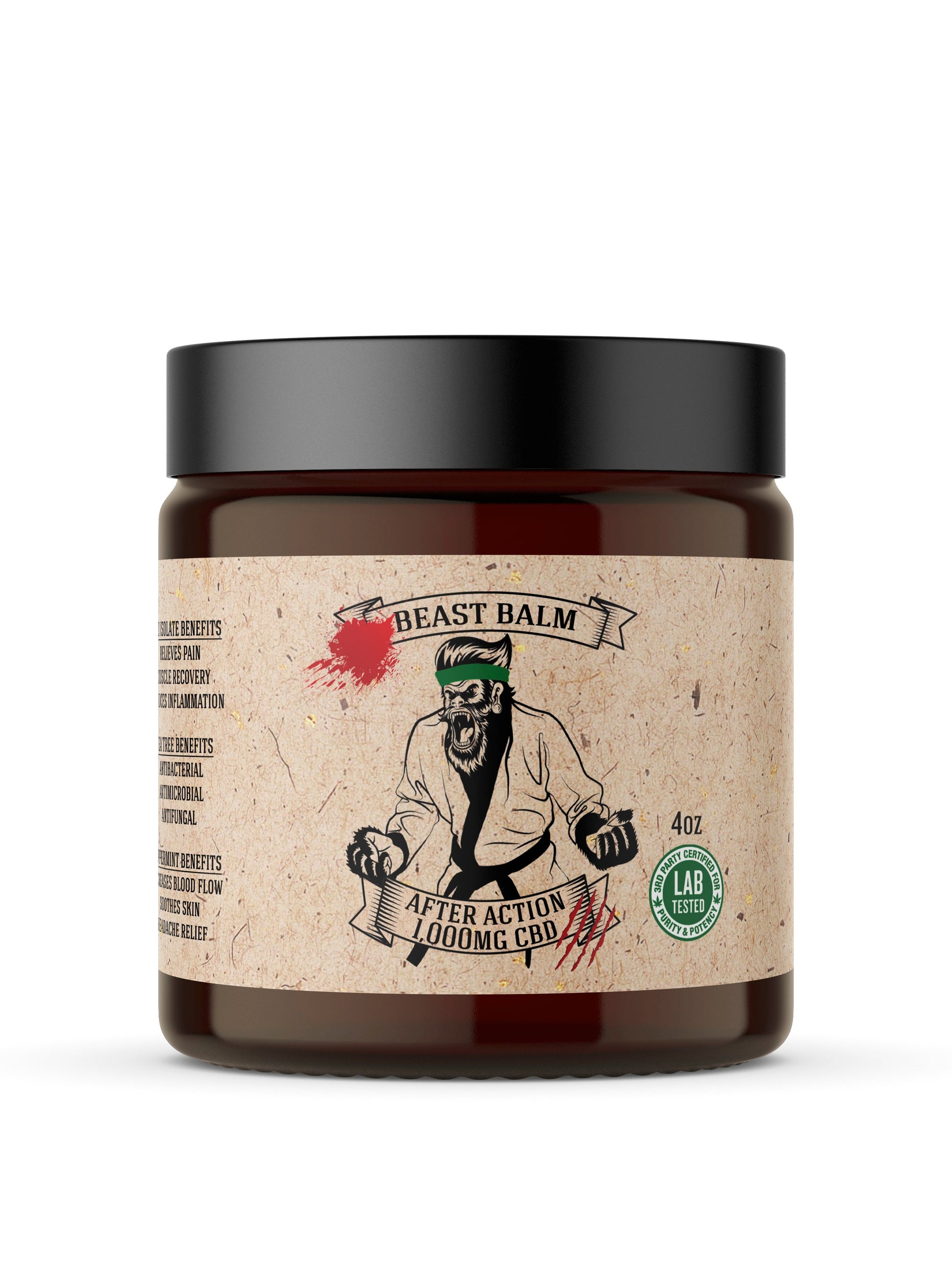 Beast Balm After Action 1000mg CBD amber 4oz jar with black lid, ape in martial arts gi on label, lab tested seal