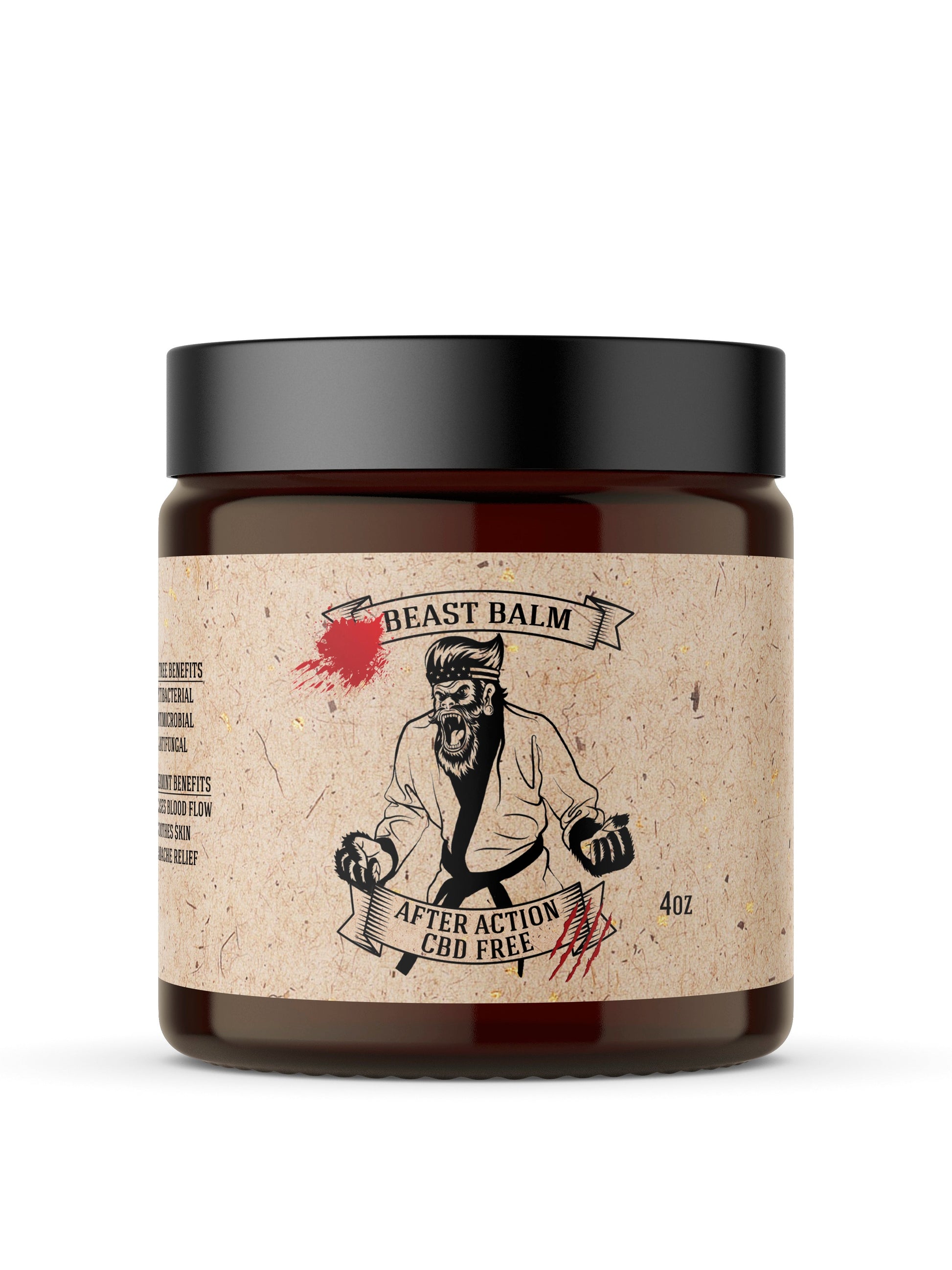Beast Balm After Action CBD Free 4oz amber jar with black lid, kraft label featuring illustrated bearded figure in gi