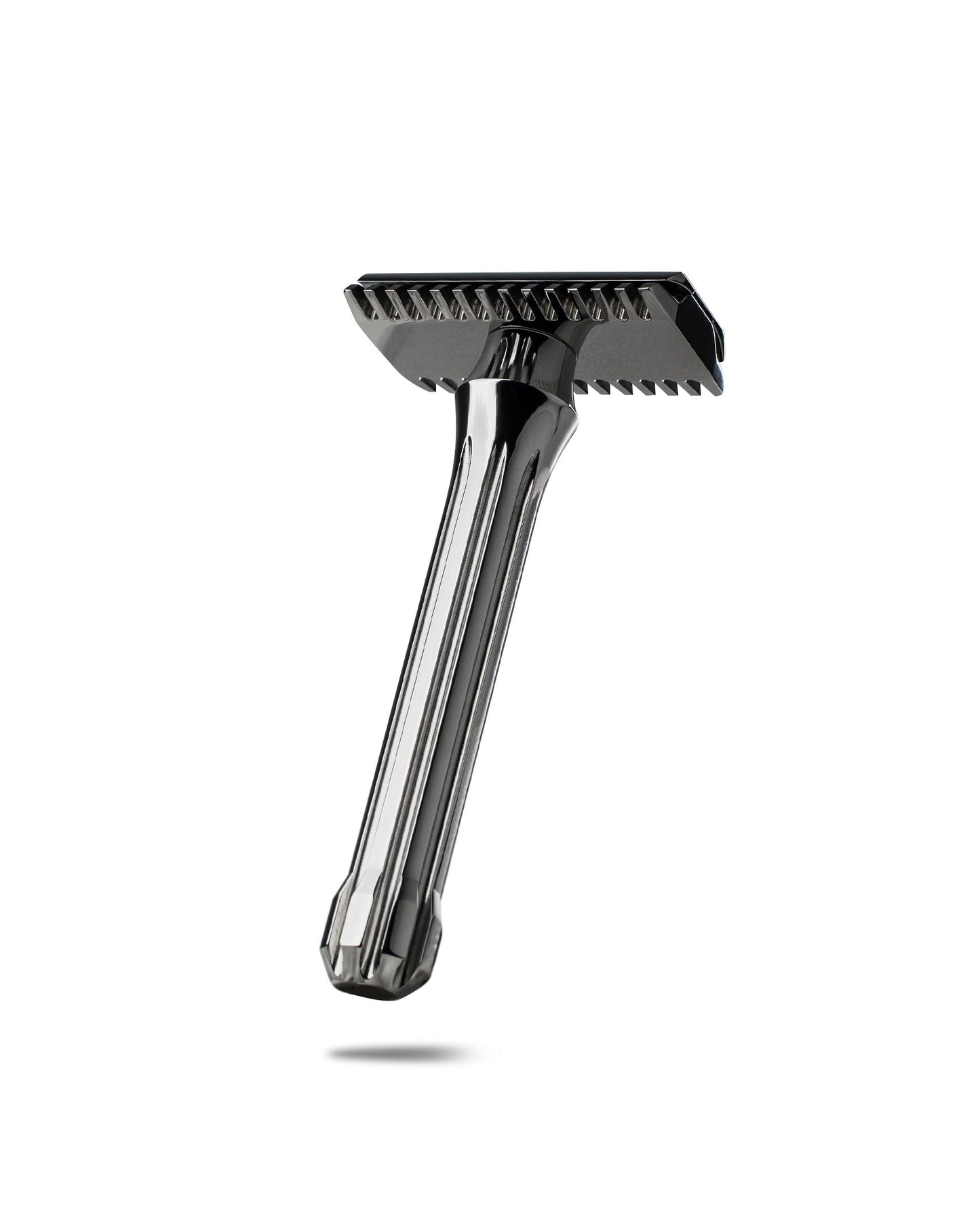 Blackbird Titanium double-edge safety razor with dark polished finish, open-comb head, and faceted handle