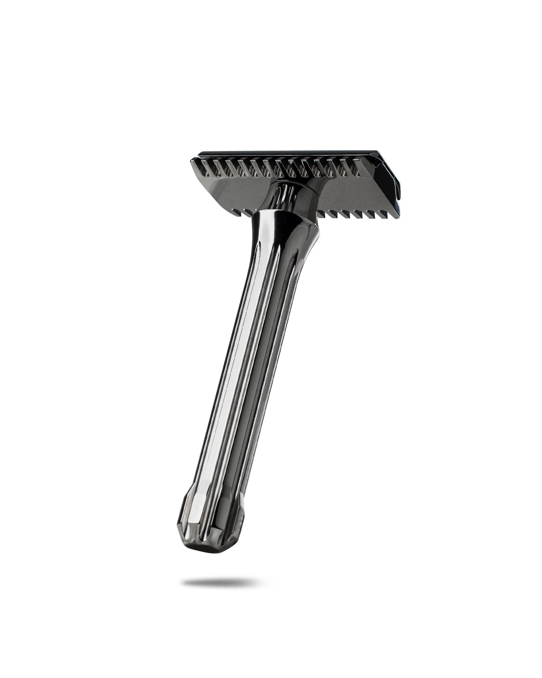 Blackbird Titanium double-edge safety razor with dark polished finish, open-comb head, and faceted handle
