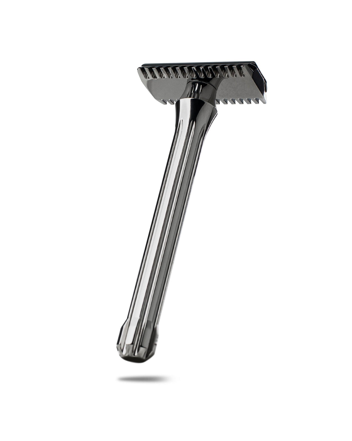 Blackbird Titanium double-edge safety razor with dark polished finish, open-comb head, and faceted handle