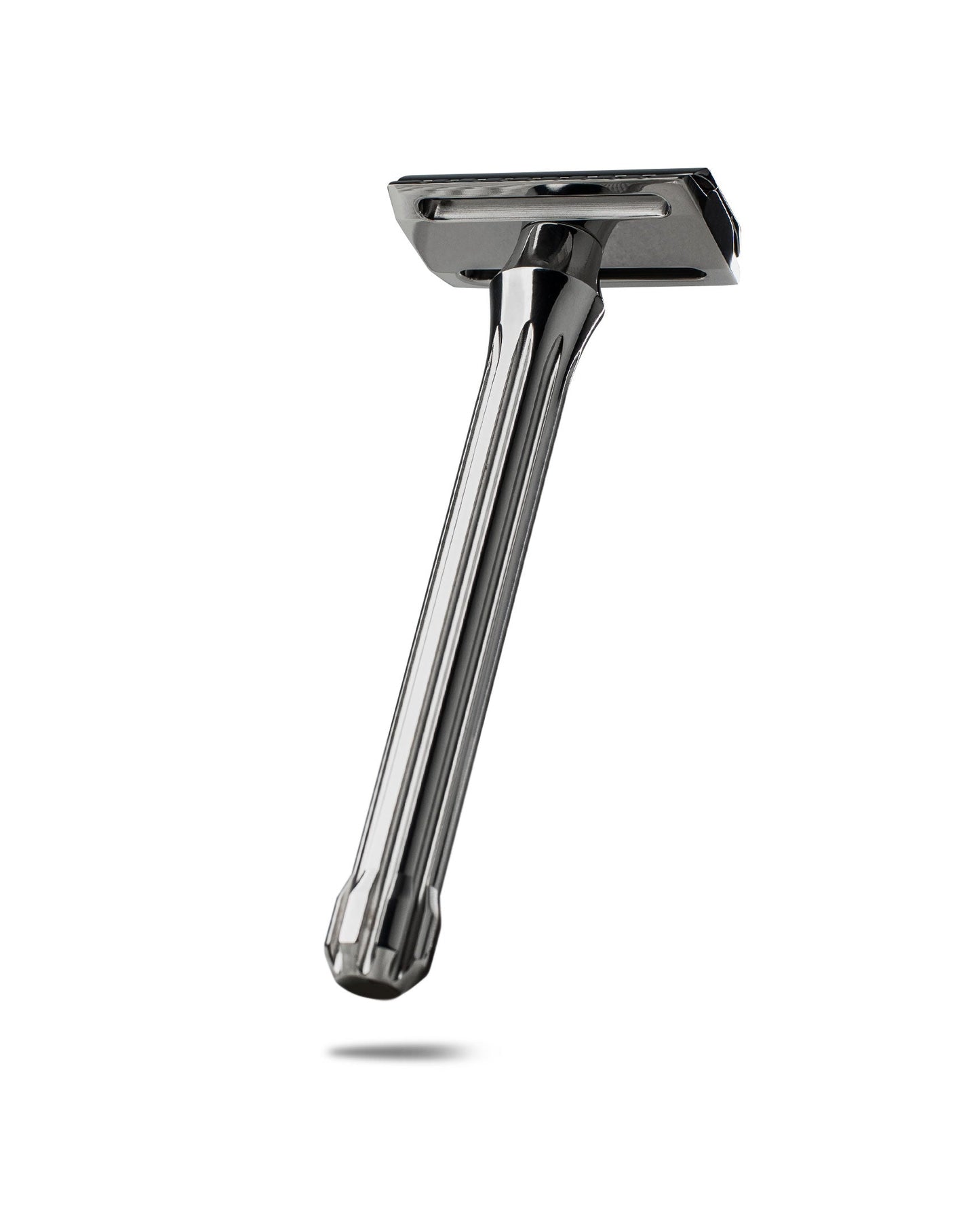 Blackbird Titanium double-edge safety razor with polished dark gray finish and fluted handle, angled upright view