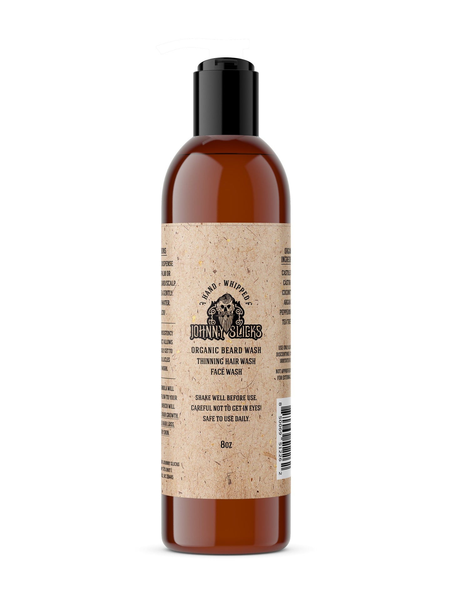 Johnny Slicks Hand Whipped Organic Beard Wash, Thinning Hair Wash, and Face Wash in 8oz amber bottle with black cap