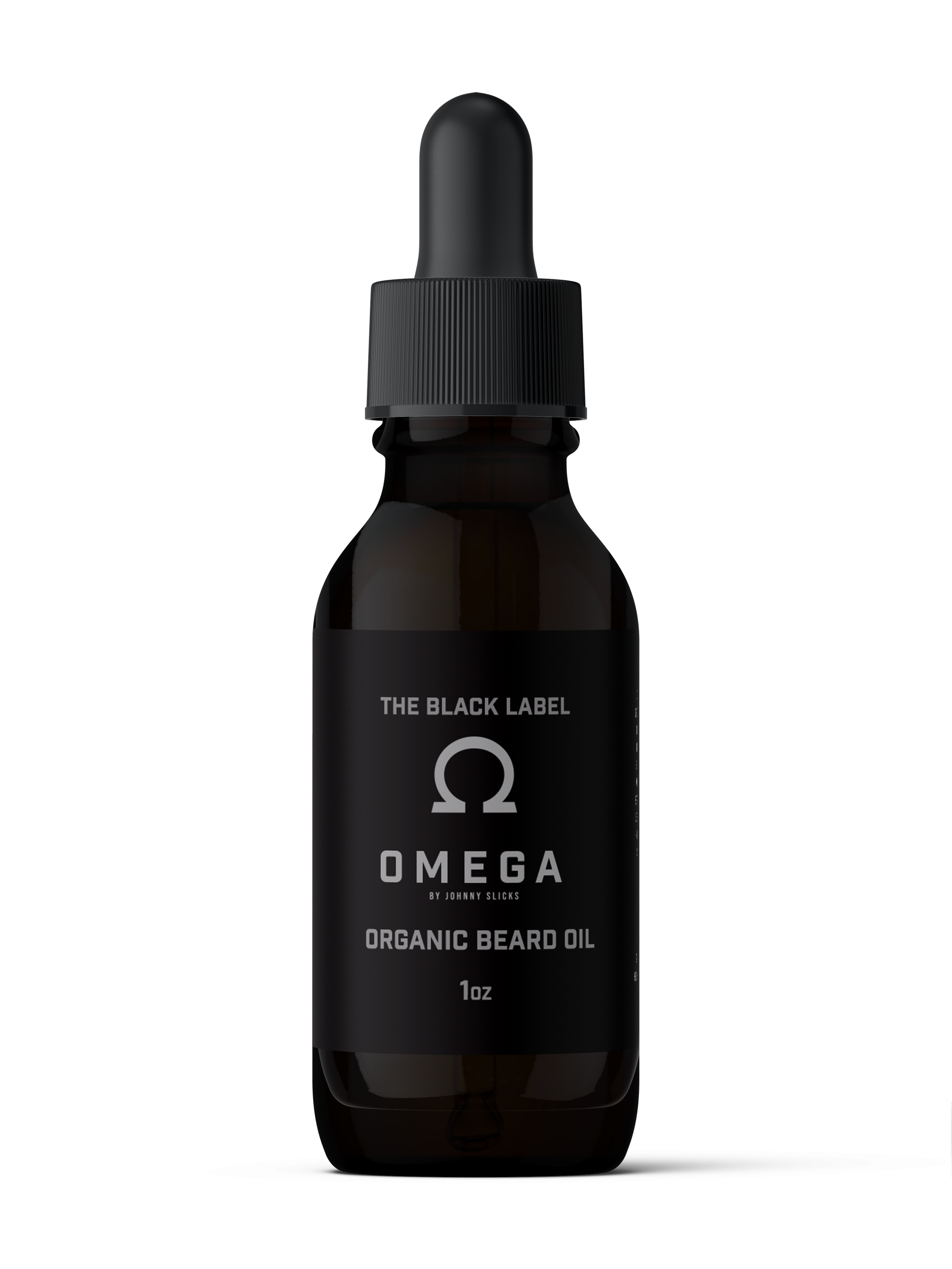 The Black Label Omega by Johnny Slicks organic beard oil, 1oz dark amber glass dropper bottle with black cap
