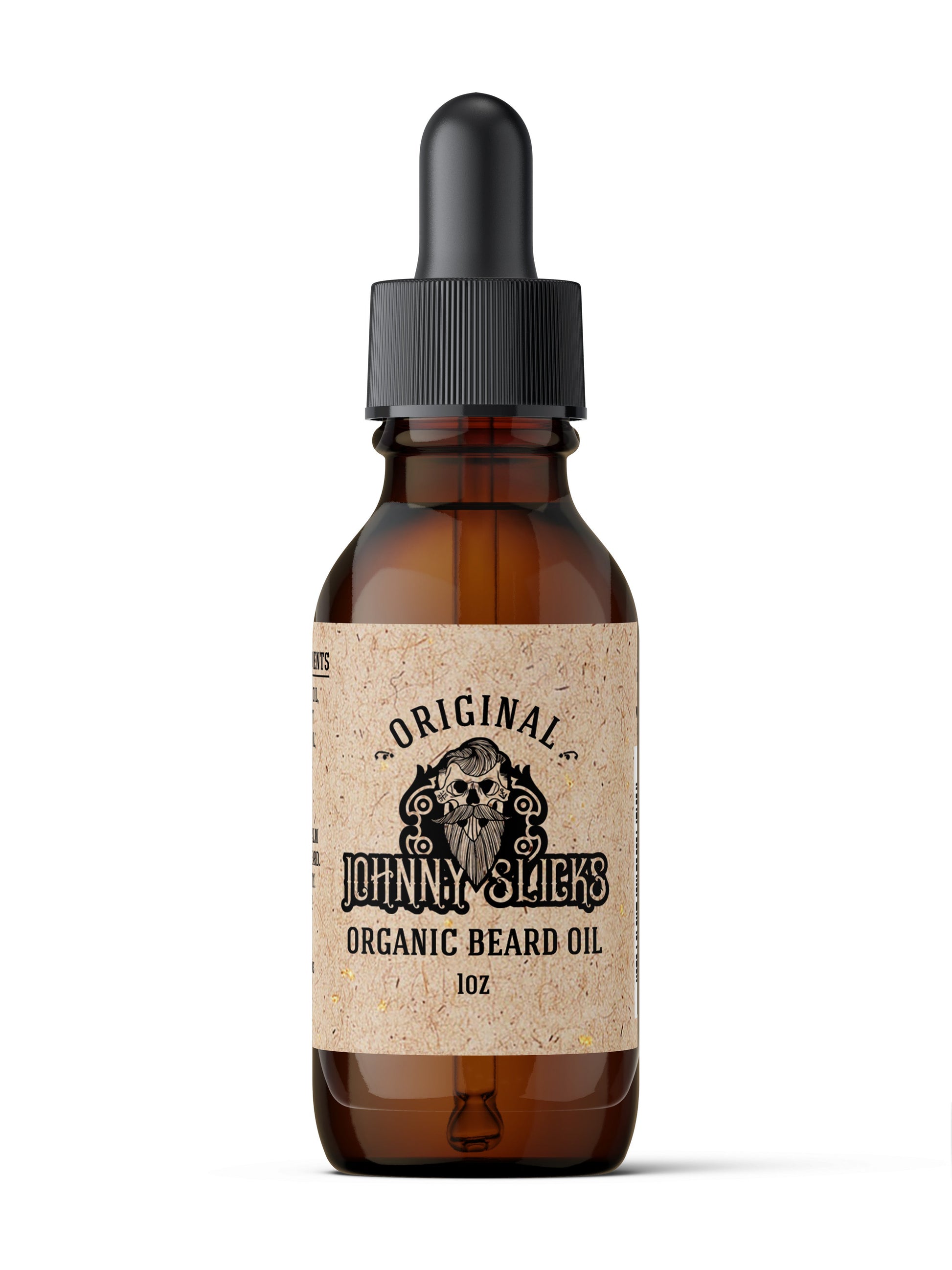 Johnny Slicks Original Organic Beard Oil 1oz in amber glass dropper bottle with beige label featuring skull logo