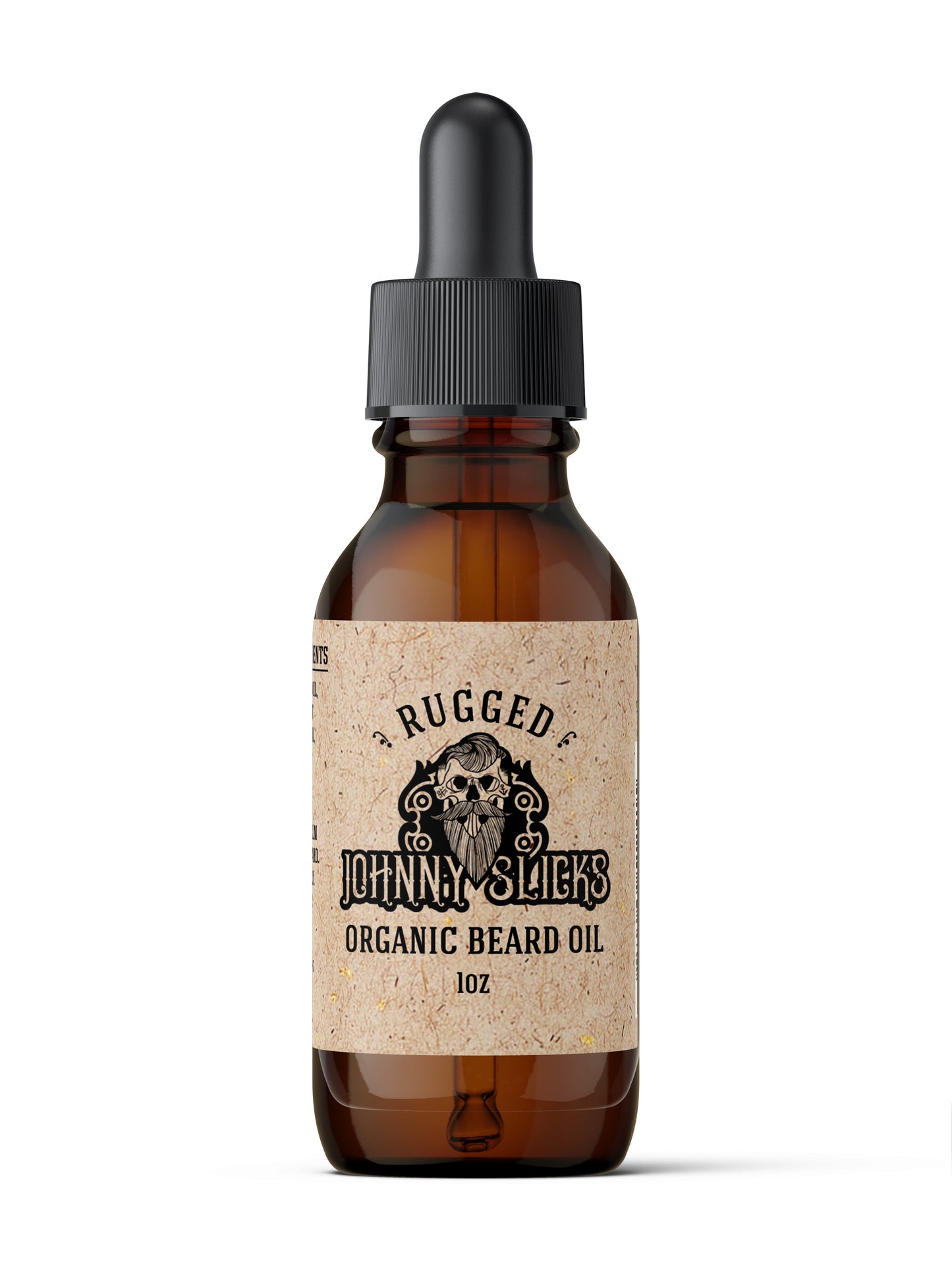 Johnny Slicks Rugged Organic Beard Oil 1oz in amber glass dropper bottle with black cap and beige label