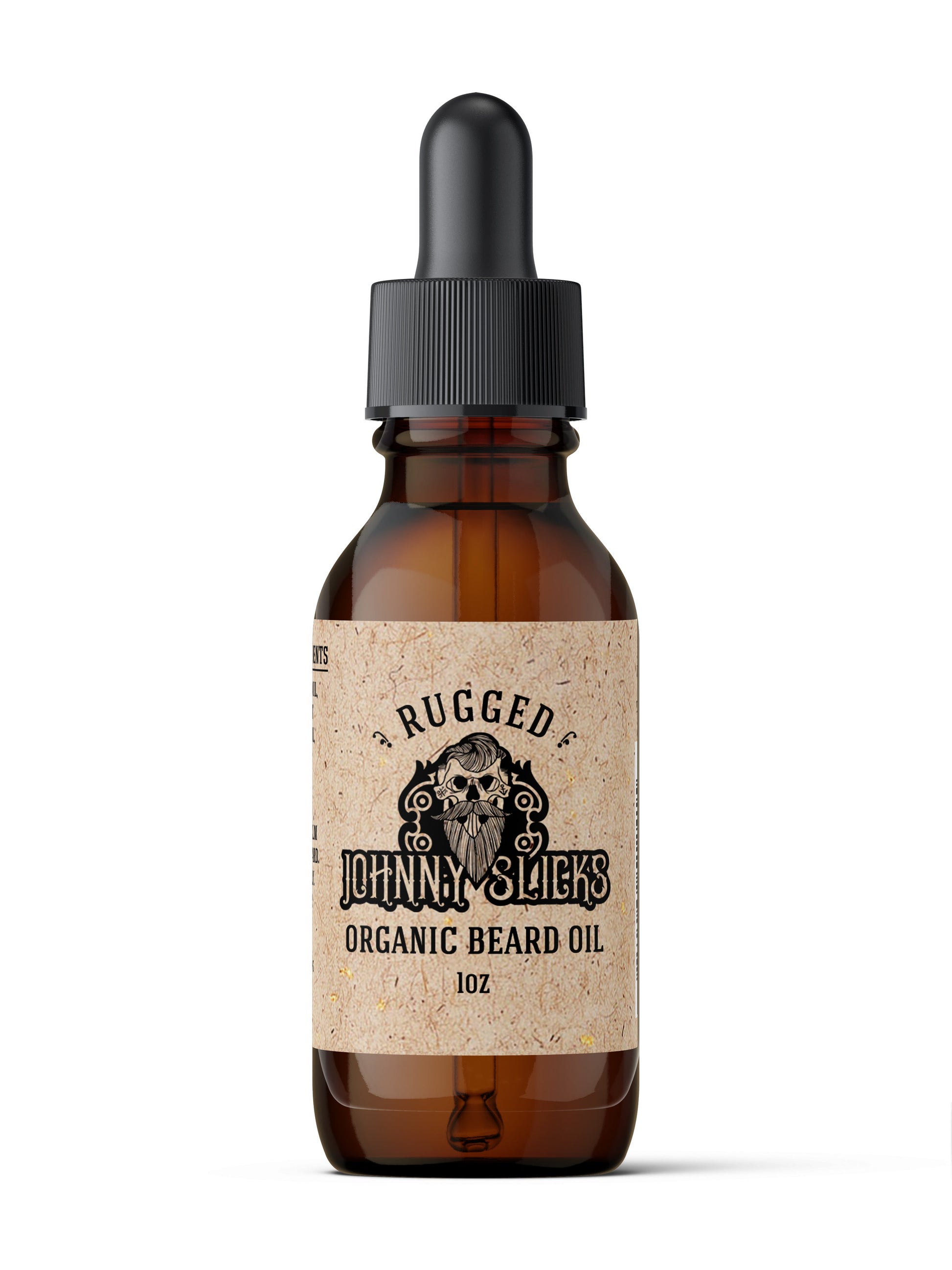 Johnny Slicks Rugged Organic Beard Oil 1oz in amber glass dropper bottle with black cap and beige label