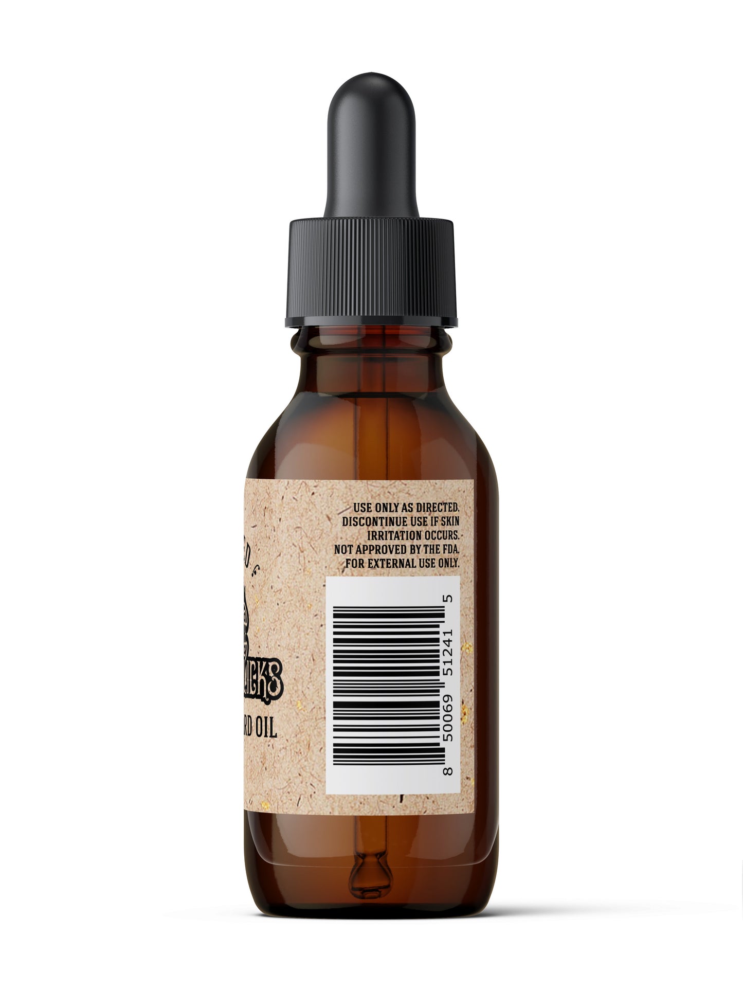 Back of amber glass dropper bottle of Organic Beard Oil showing barcode, usage warnings, and partial brand logo