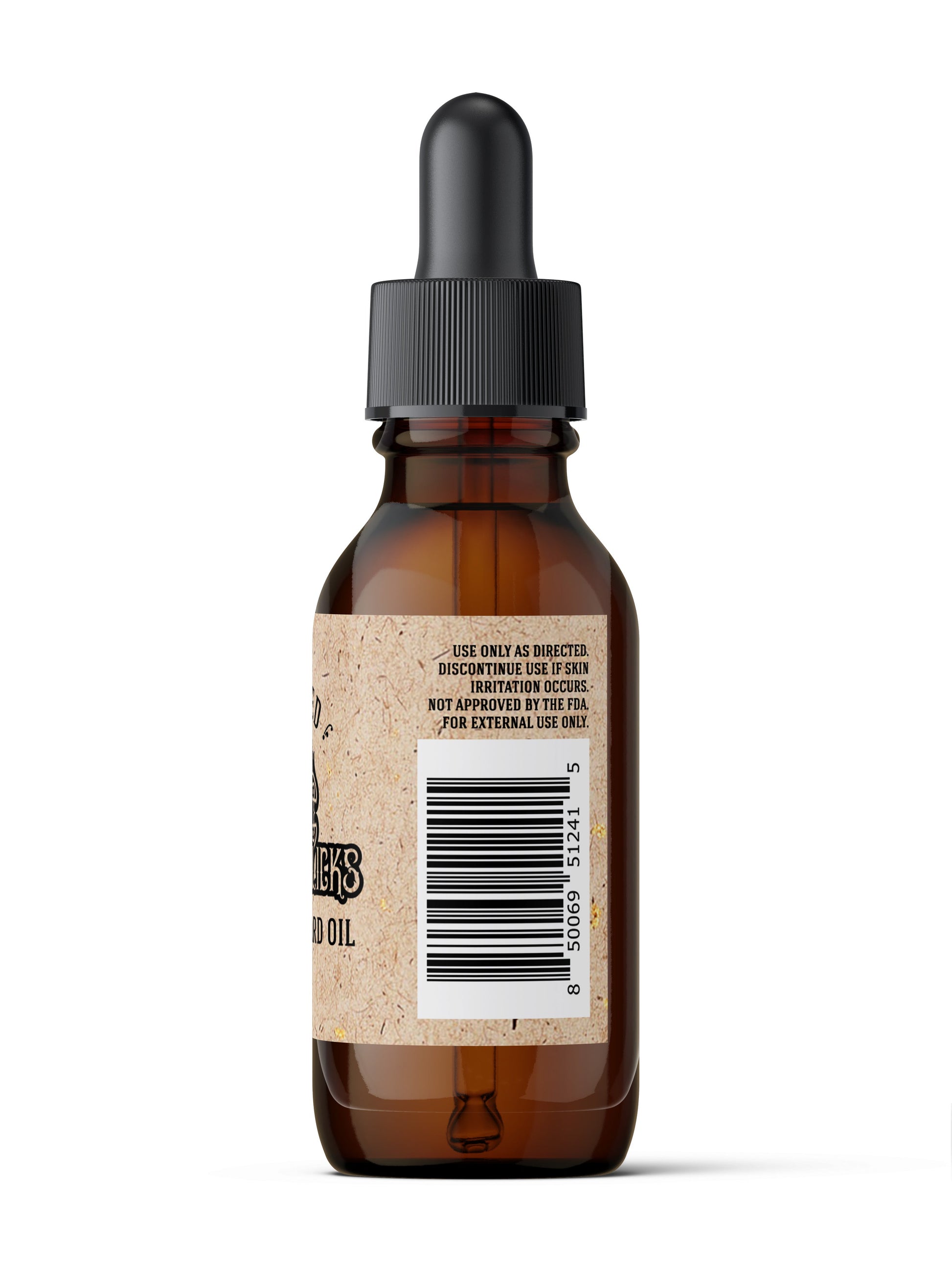 Back of amber glass dropper bottle of Organic Beard Oil showing barcode, usage warnings, and partial brand logo