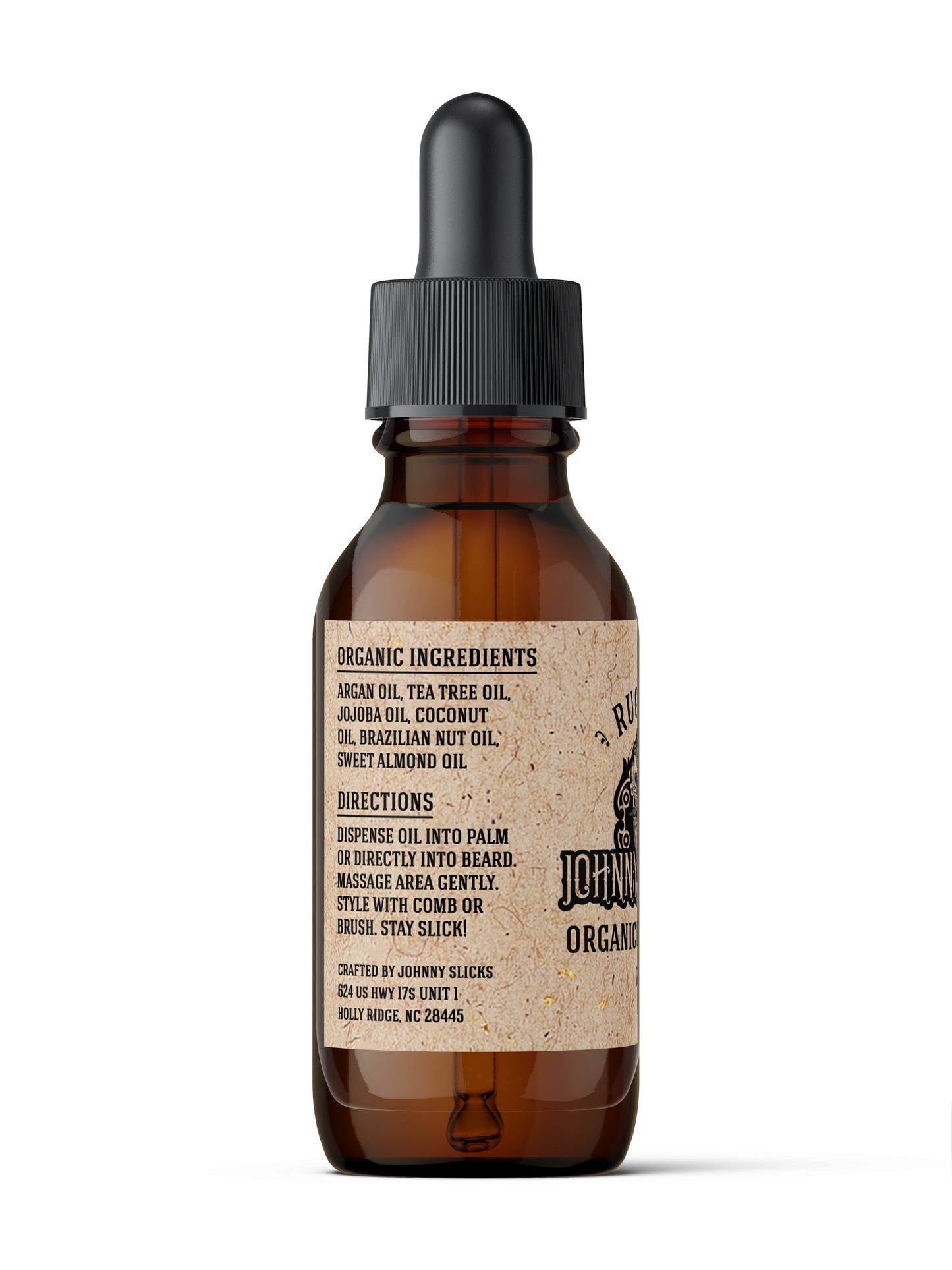 Johnny Slicks Organic Beard Oil in amber glass dropper bottle with argan, tea tree, jojoba, and coconut oils listed