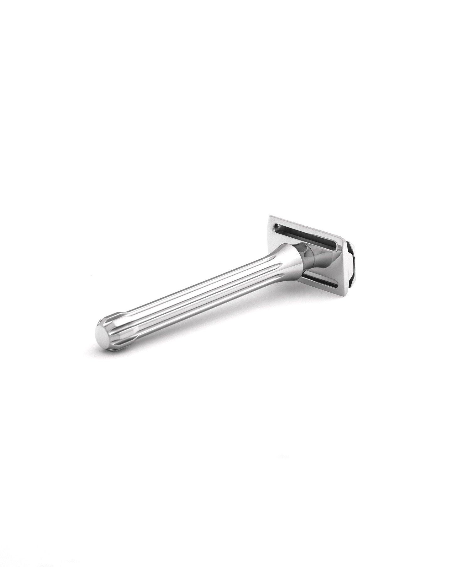 Chrome-finished Blackbird double-edge safety razor with fluted metal handle on white background