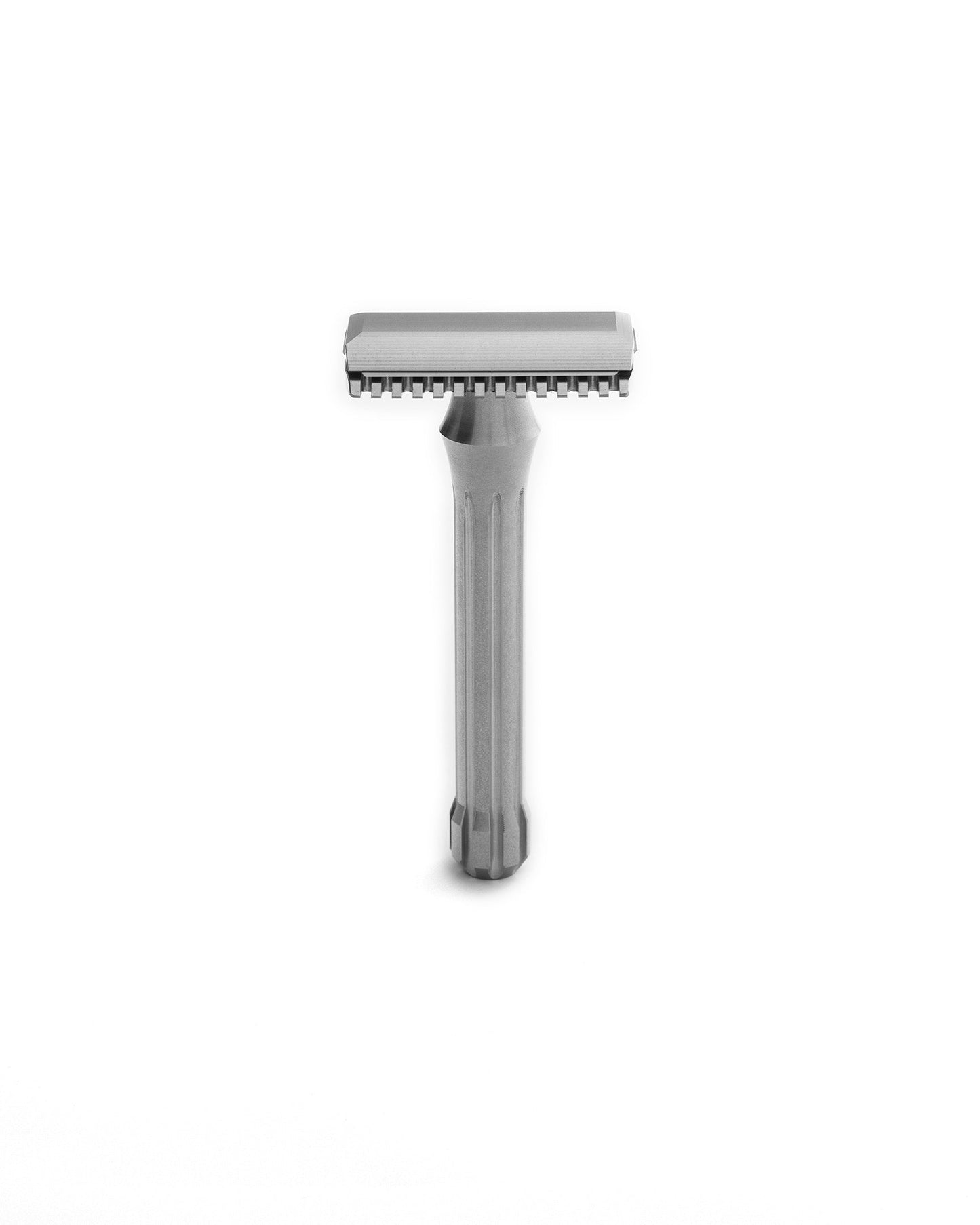 Blackbird double-edge safety razor in matte stainless steel with textured fluted handle and open-comb head