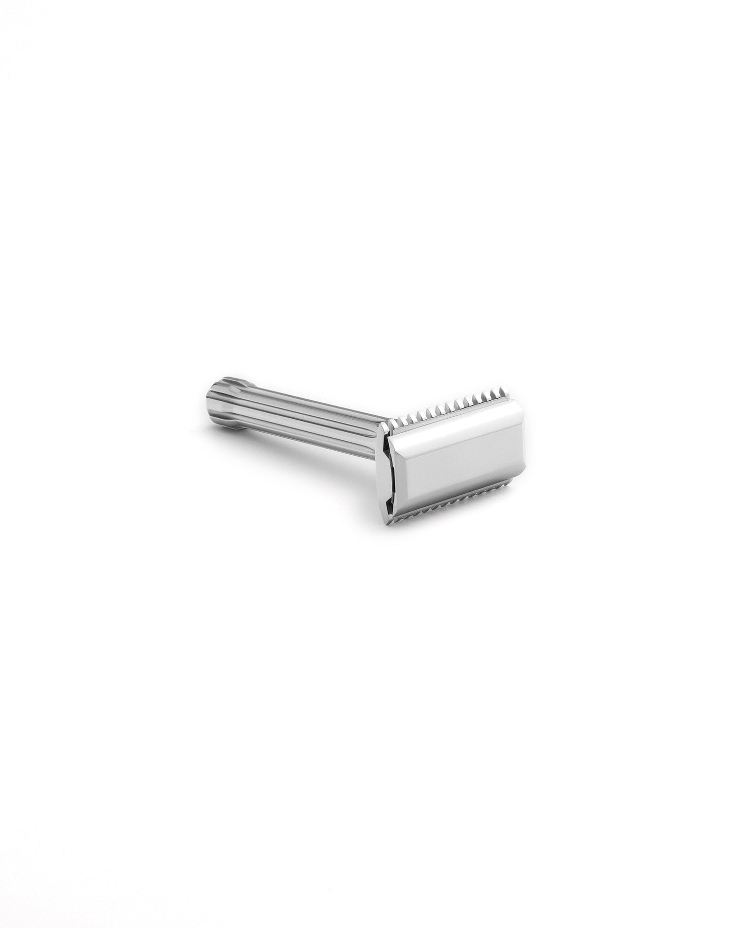 Blackbird double-edge safety razor in polished stainless steel with ridged handle and open-comb head