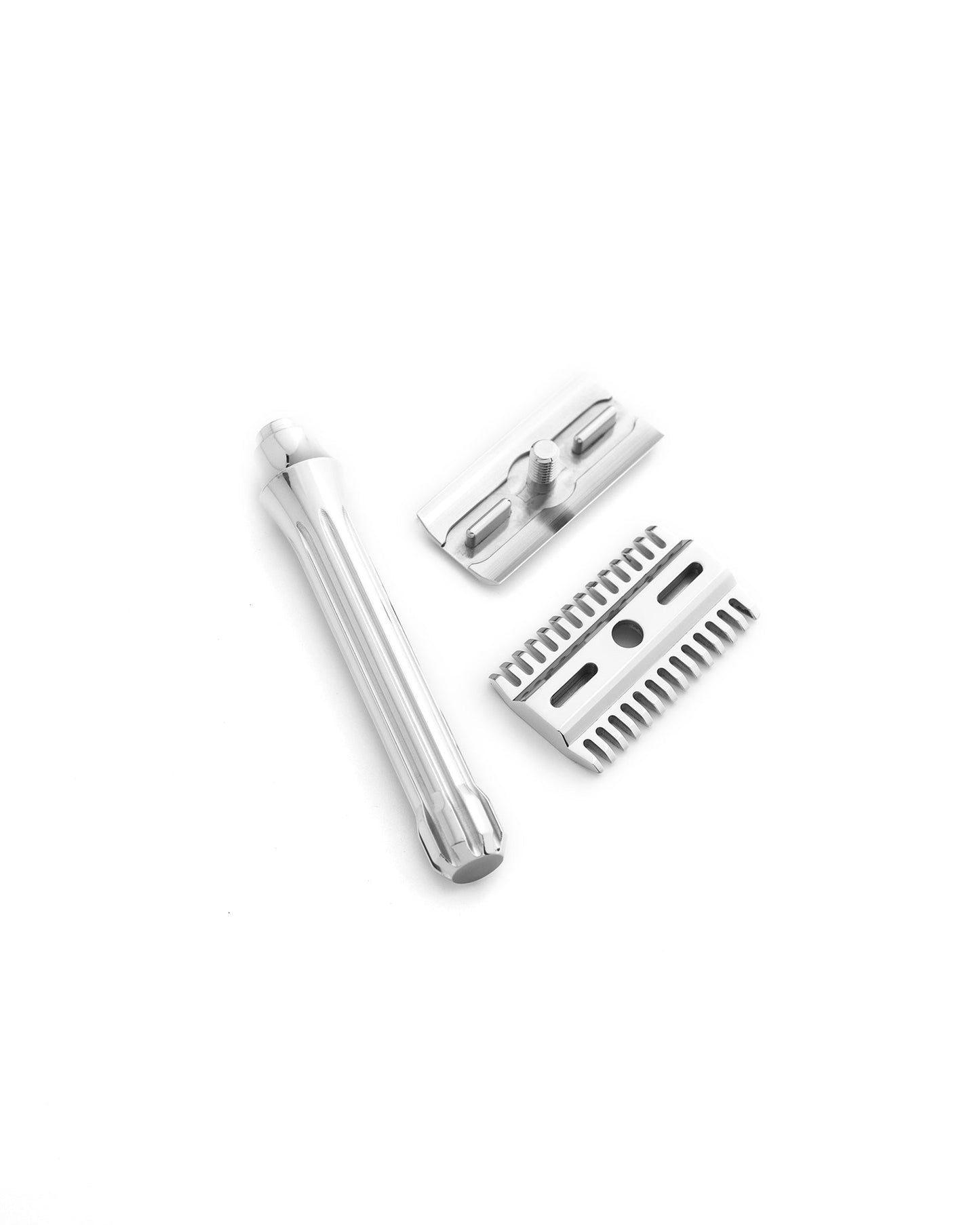 Disassembled three-piece Blackbird safety razor in polished stainless steel showing handle, base plate, and top cap
