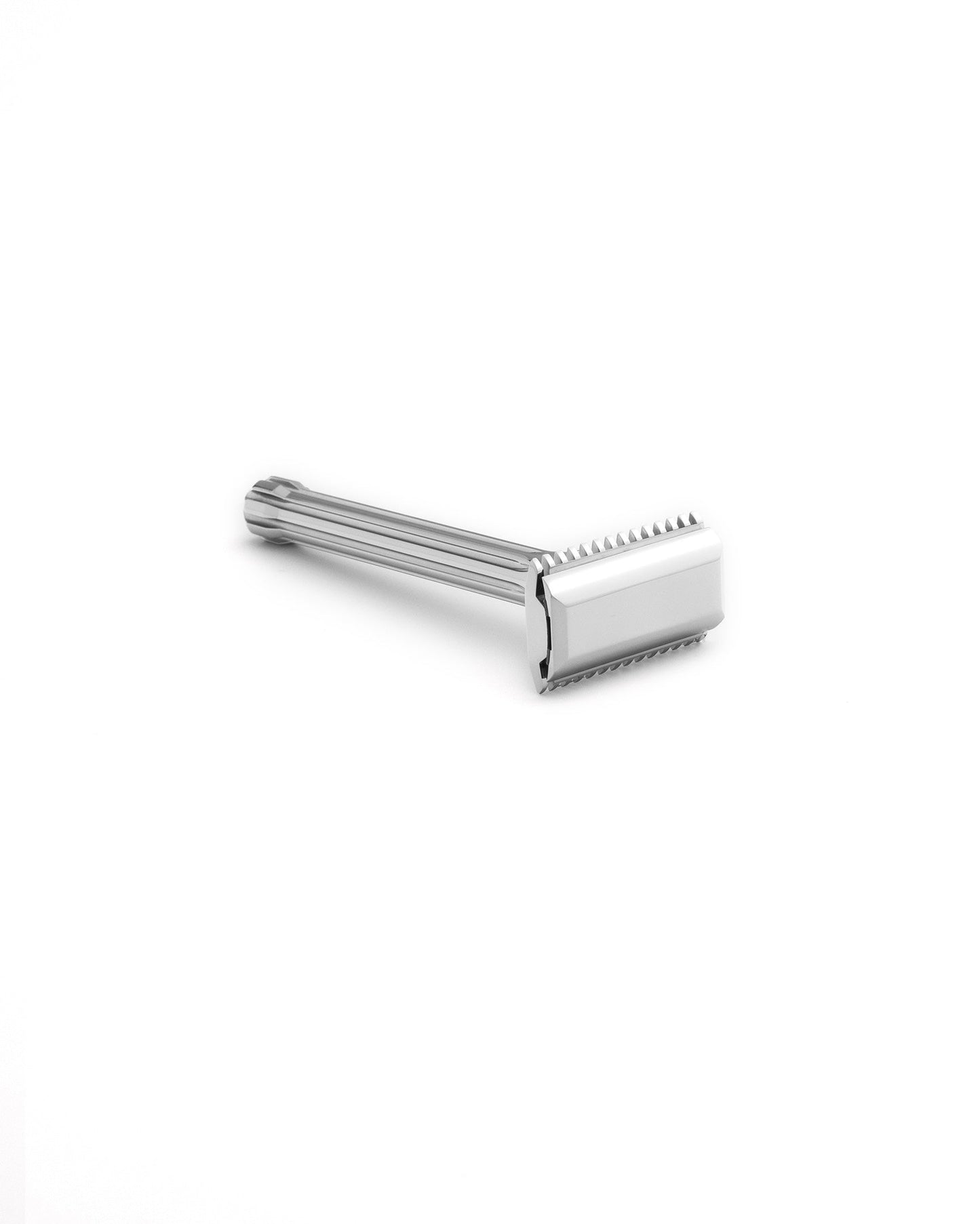 Blackbird double-edge safety razor in polished stainless steel with ridged handle and open-comb base plate