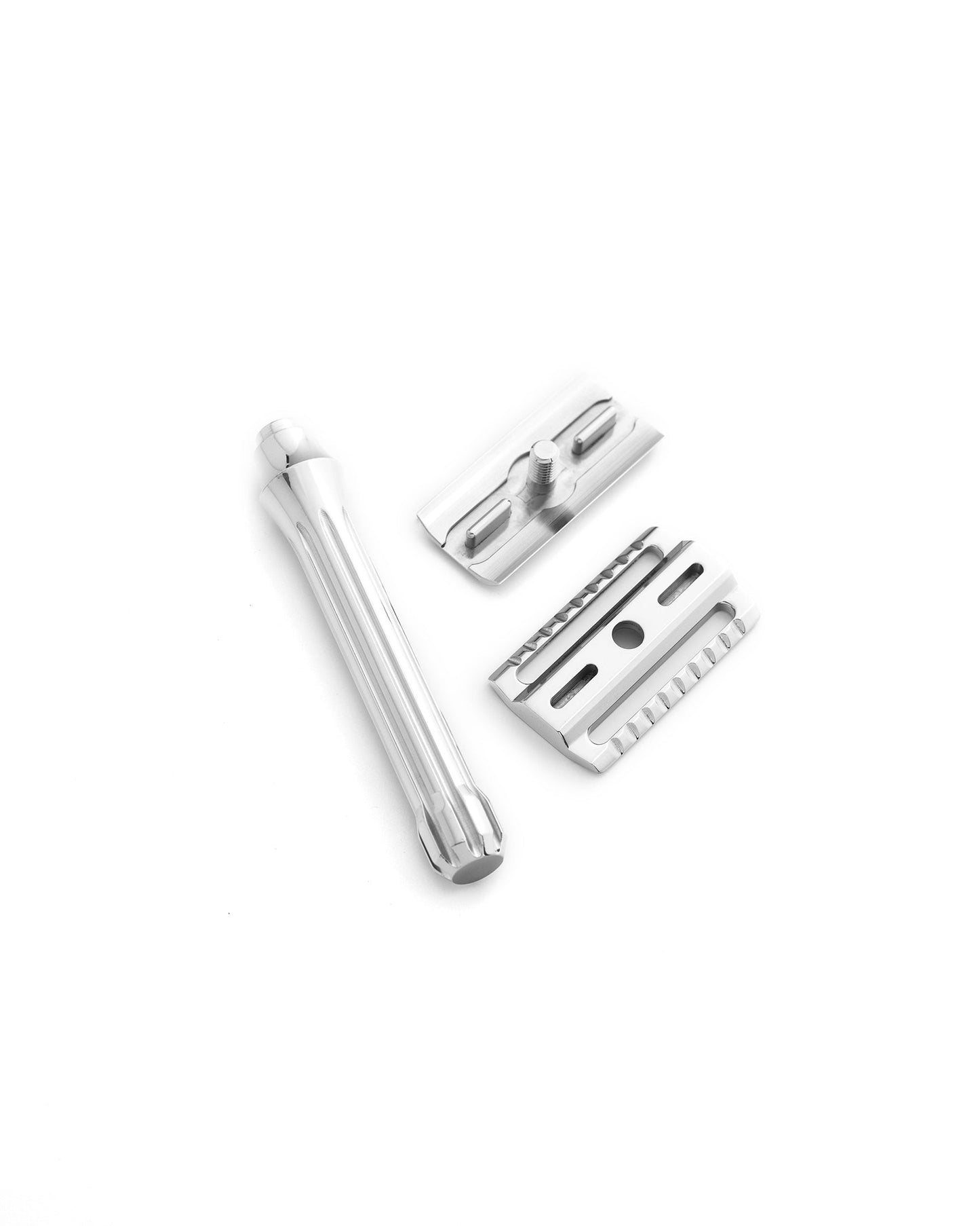 Disassembled three-piece Blackbird safety razor in polished stainless steel showing handle, base plate, and top cap
