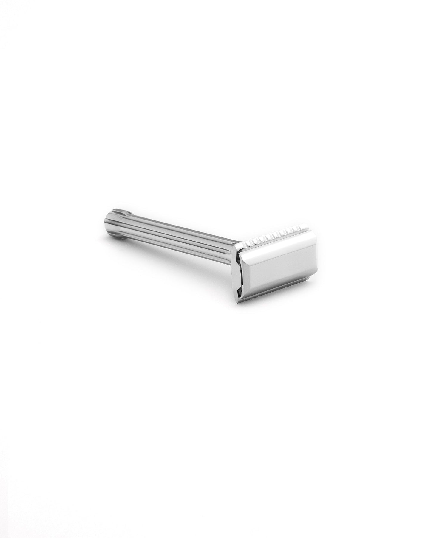 Blackbird double-edge safety razor in polished stainless steel with ridged handle, shown on white background