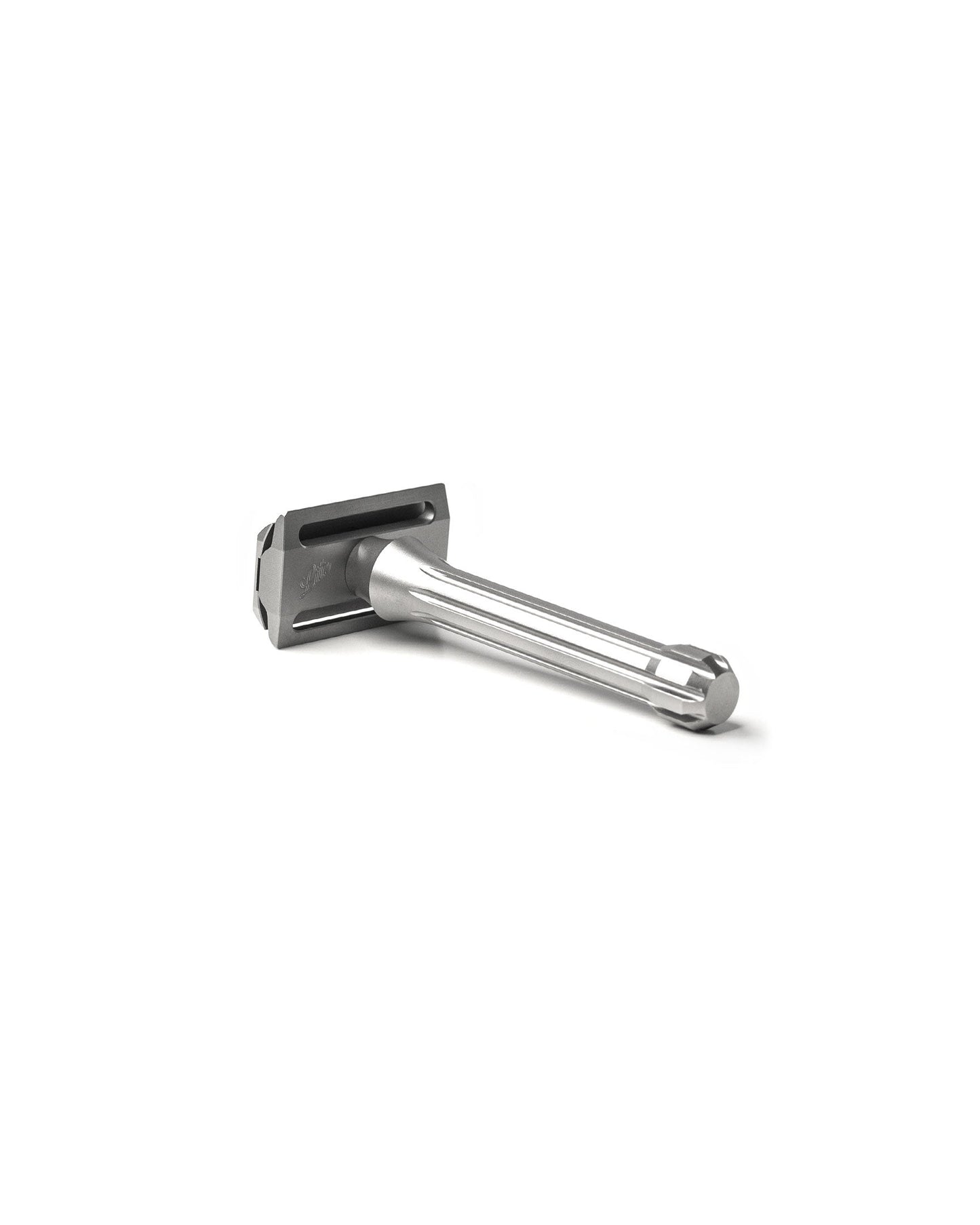 Blackbird Titanium double-edge safety razor with matte gray head and polished silver handle, angled view