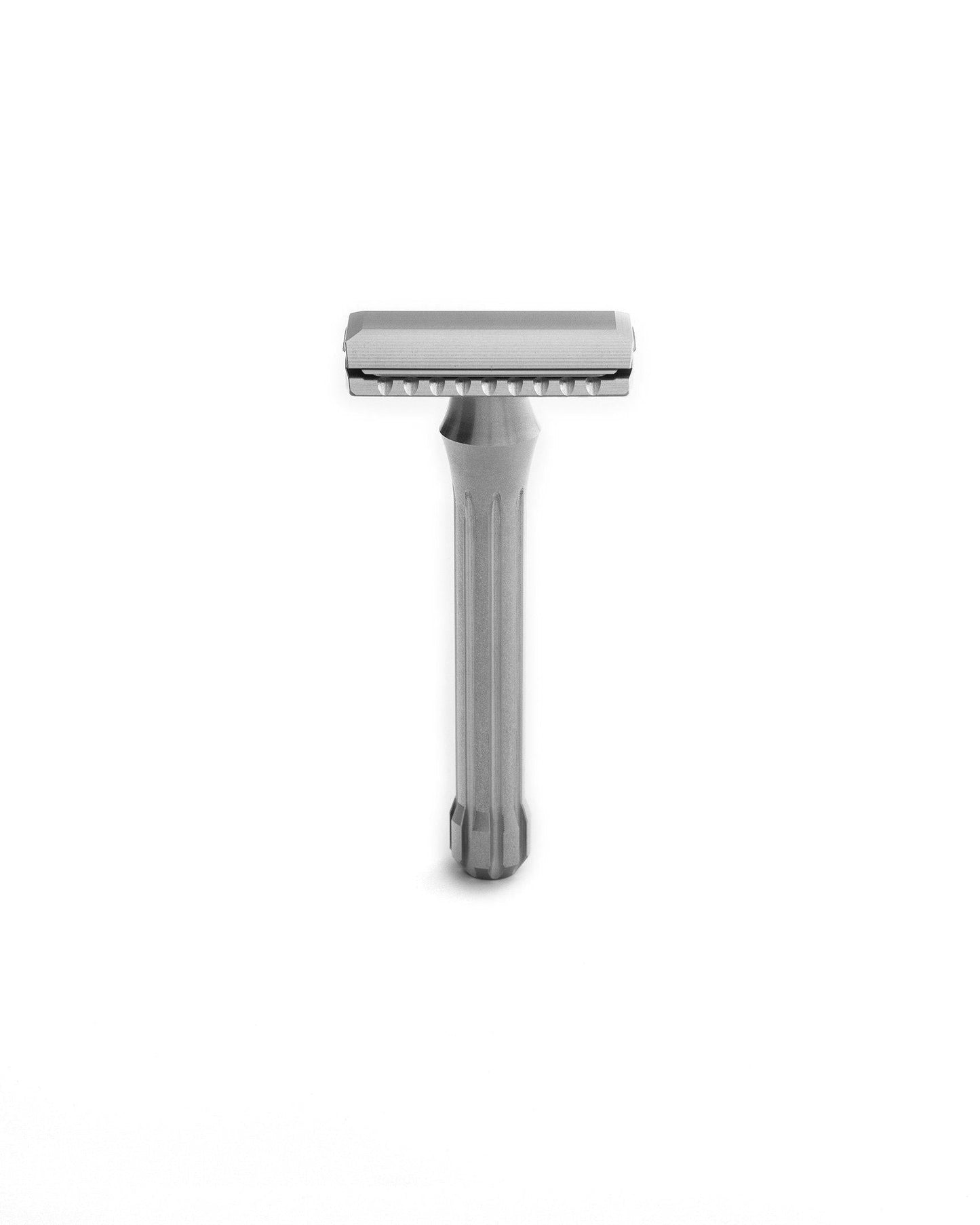 Blackbird double-edge safety razor in matte stainless steel with fluted handle and closed-comb head
