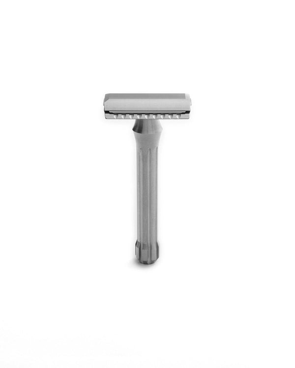 Blackbird double-edge safety razor in matte stainless steel with fluted handle and closed-comb head