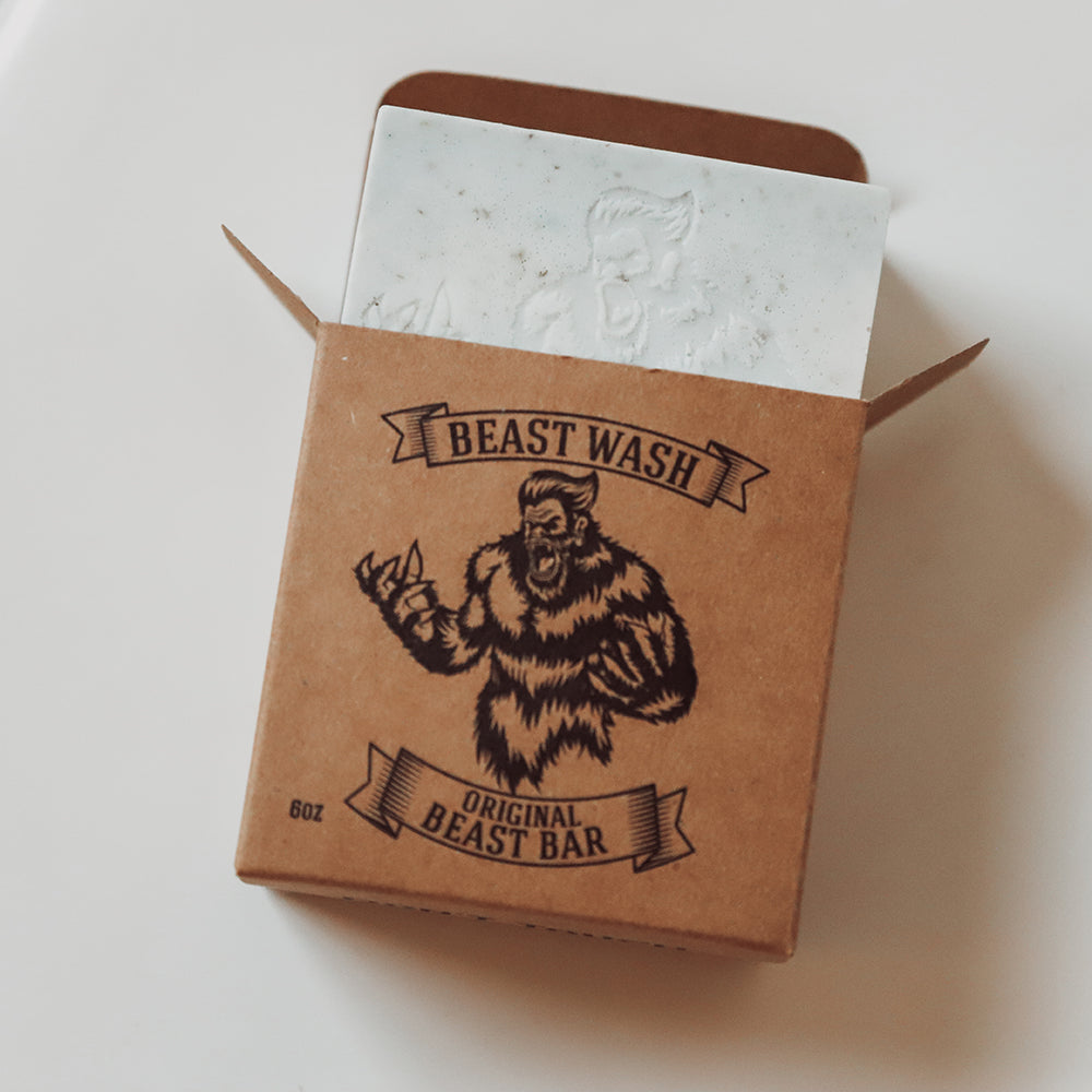 Beast Wash Original Beast Bar 6oz white soap bar in brown kraft box with muscular Bigfoot illustration