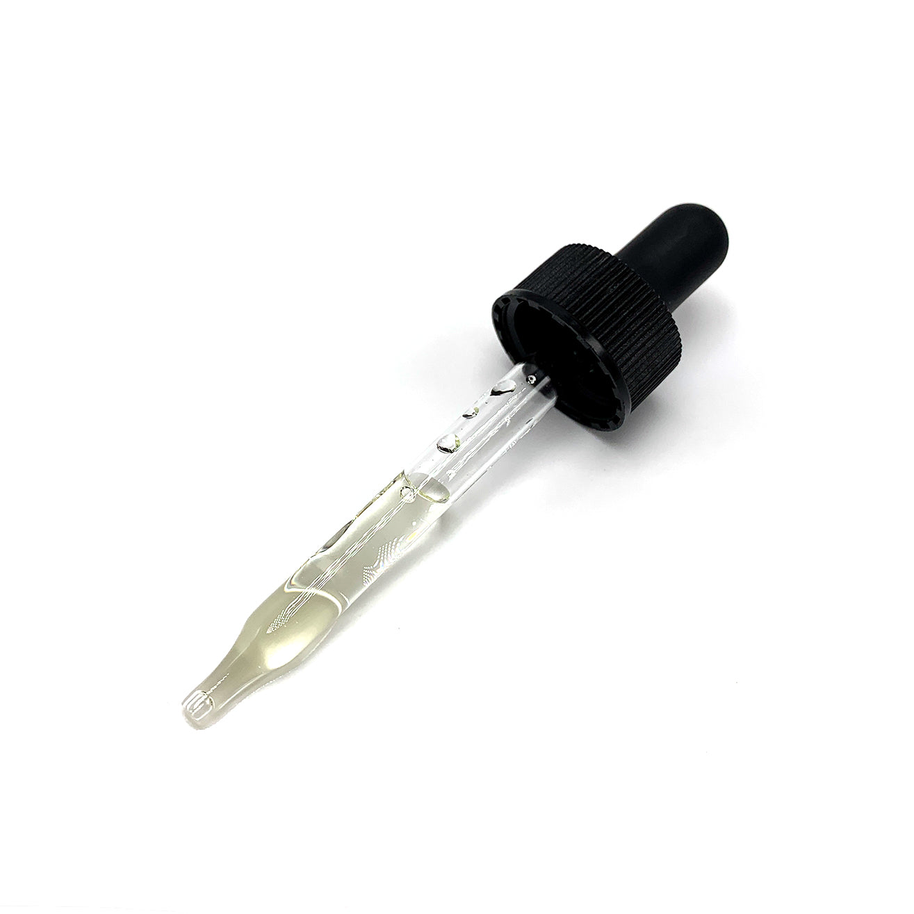 Glass dropper with black rubber bulb and ribbed collar, filled with clear pale yellow organic beard oil