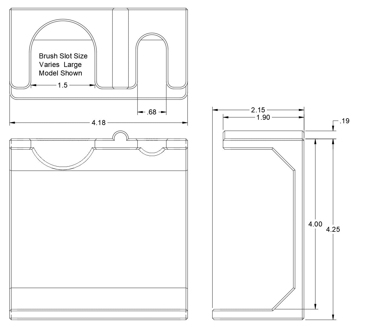 Technical drawing of razor and brush stand with dimensions labeled