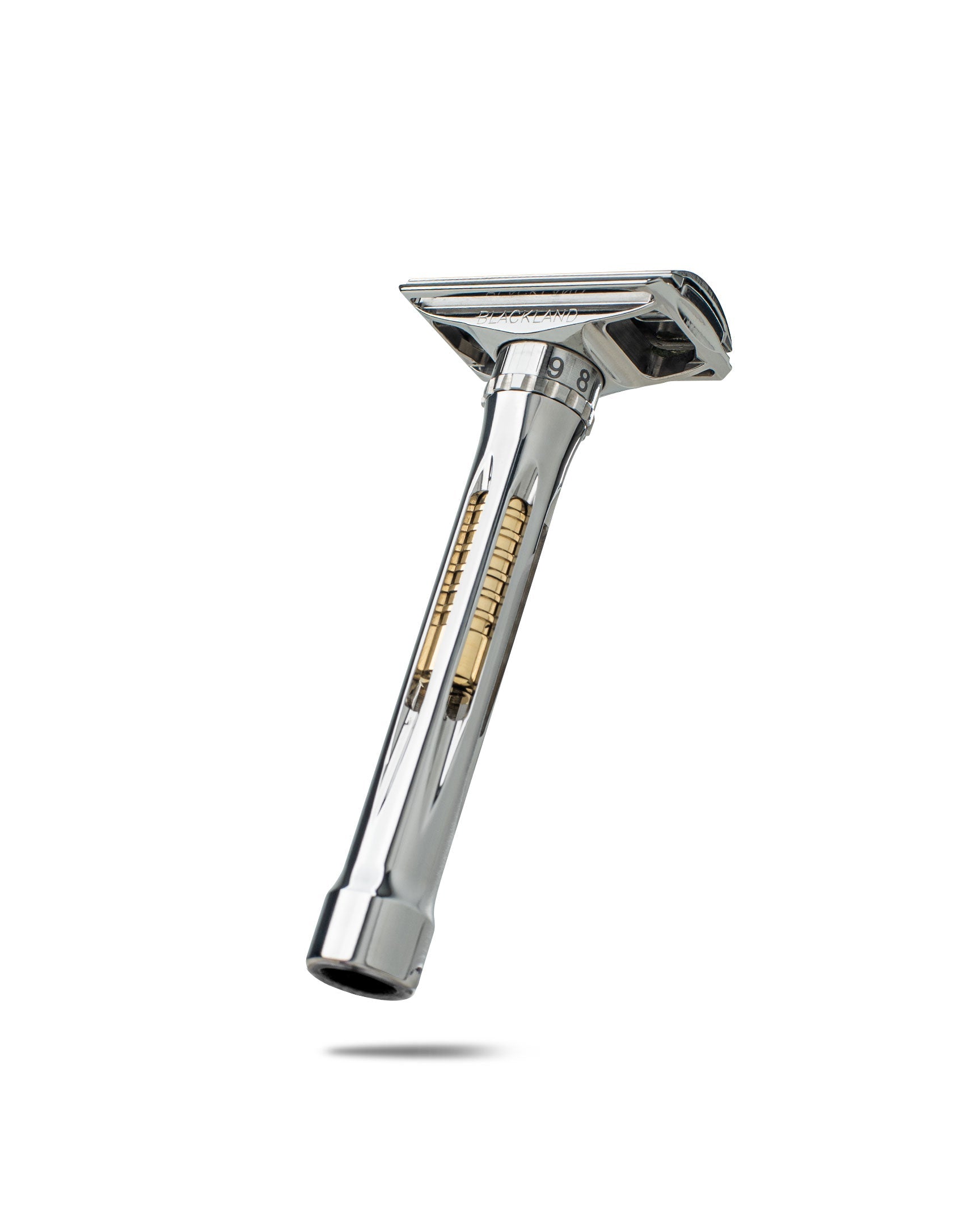 Blackland Osprey adjustable double-edge safety razor in polished chrome finish with gold internal mechanism and numbered dial