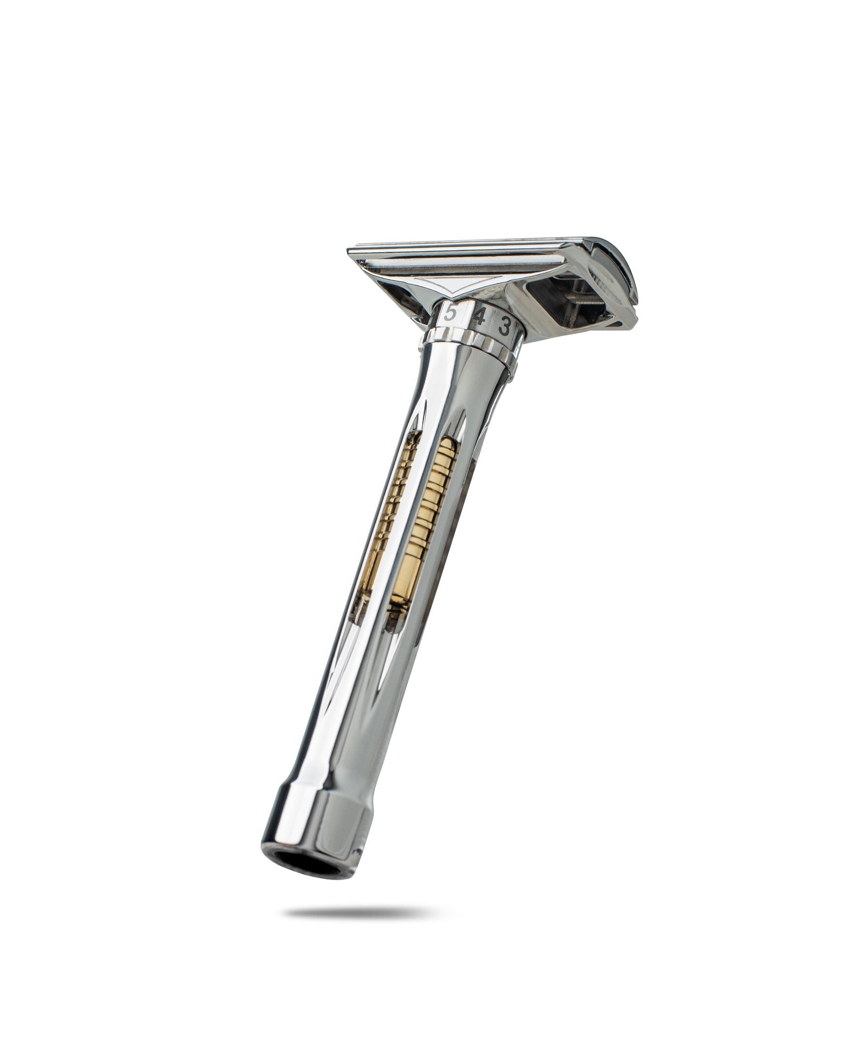 Chrome adjustable double-edge safety razor with numbered settings 3, 4, 5 visible on dial and gold internal mechanism