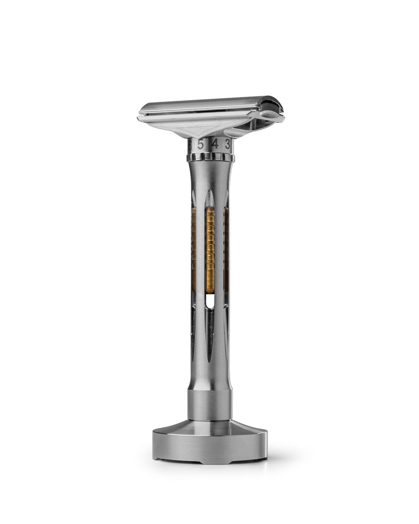 Adjustable stainless steel double-edge safety razor on matching stand, settings 3-5 visible, gold mechanism showing through handle cutouts
