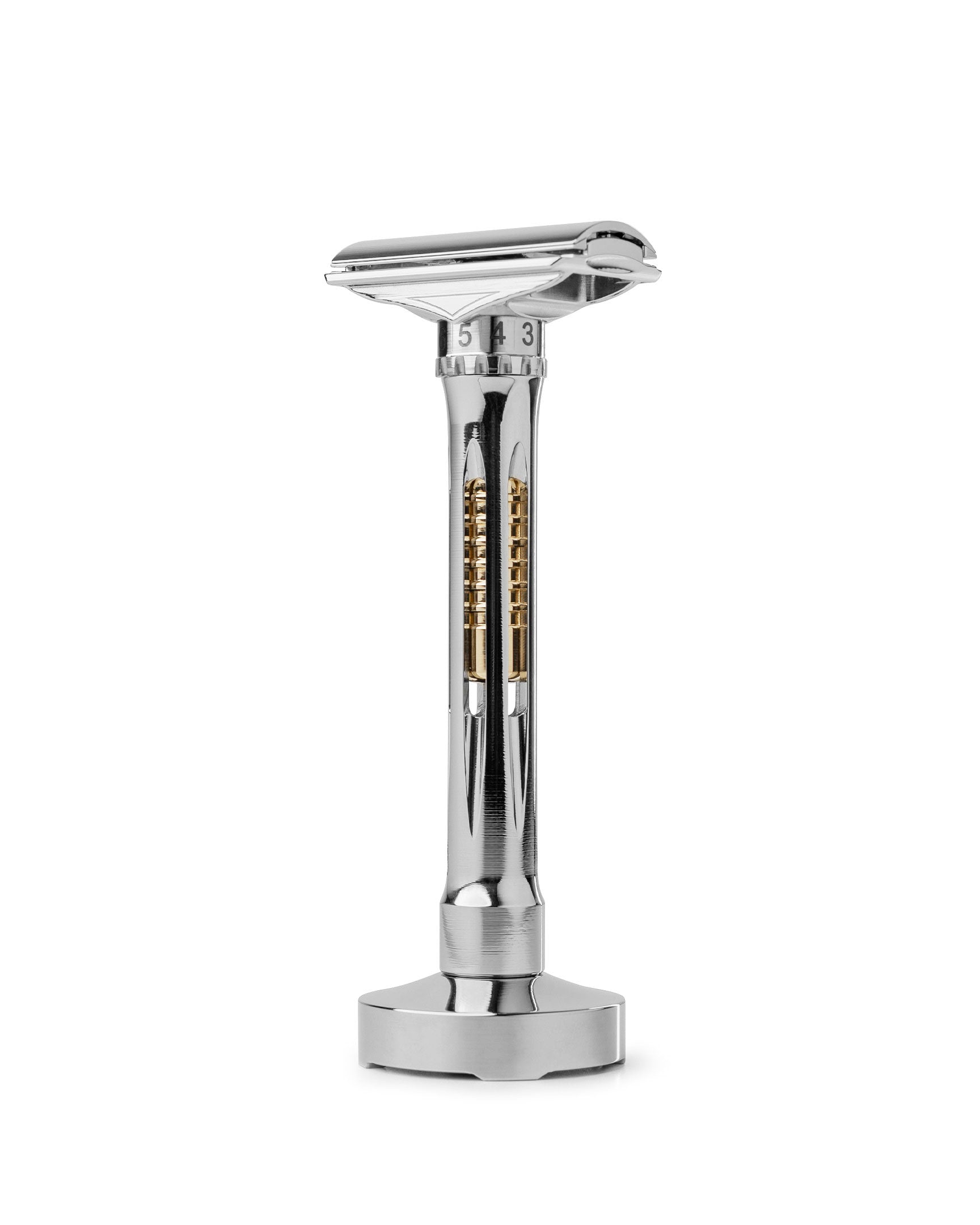 Chrome adjustable double-edge safety razor with numbered settings 3-5, gold internal mechanism visible through handle cutouts, on chrome stand