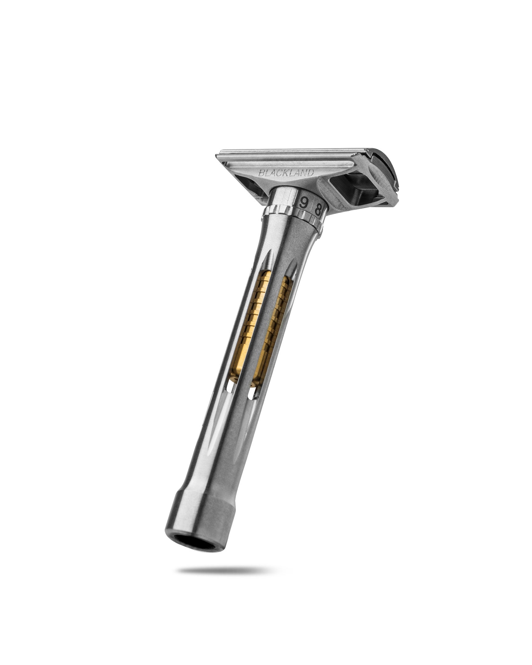 Blackland Osprey adjustable safety razor in stainless steel, cutaway handle revealing gold internal worm gear, set to 9-8