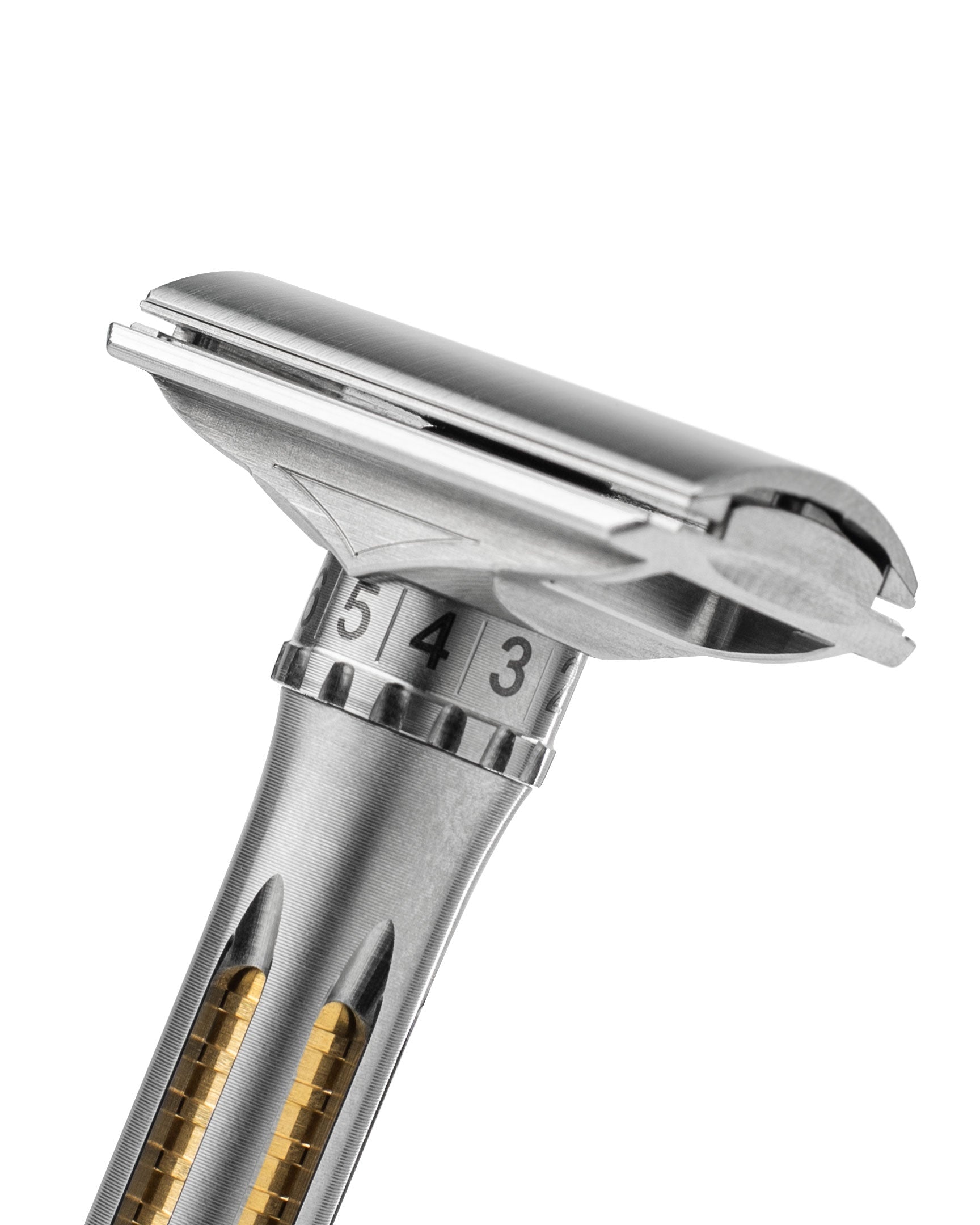 Adjustable double-edge safety razor in brushed stainless steel with gold-tone handle inlay, numbered settings 3, 4, 5 on dial