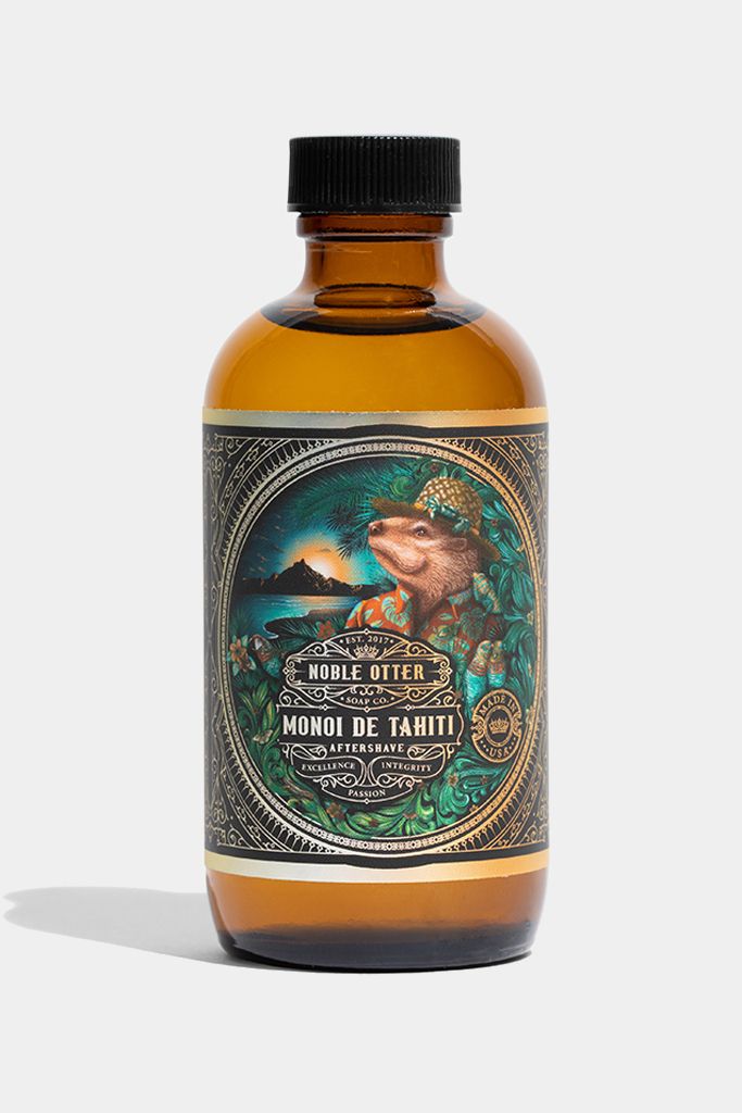 Noble Otter Aftershave "Monoi De Tahiti" with a tropical decorative label  on a white background.
