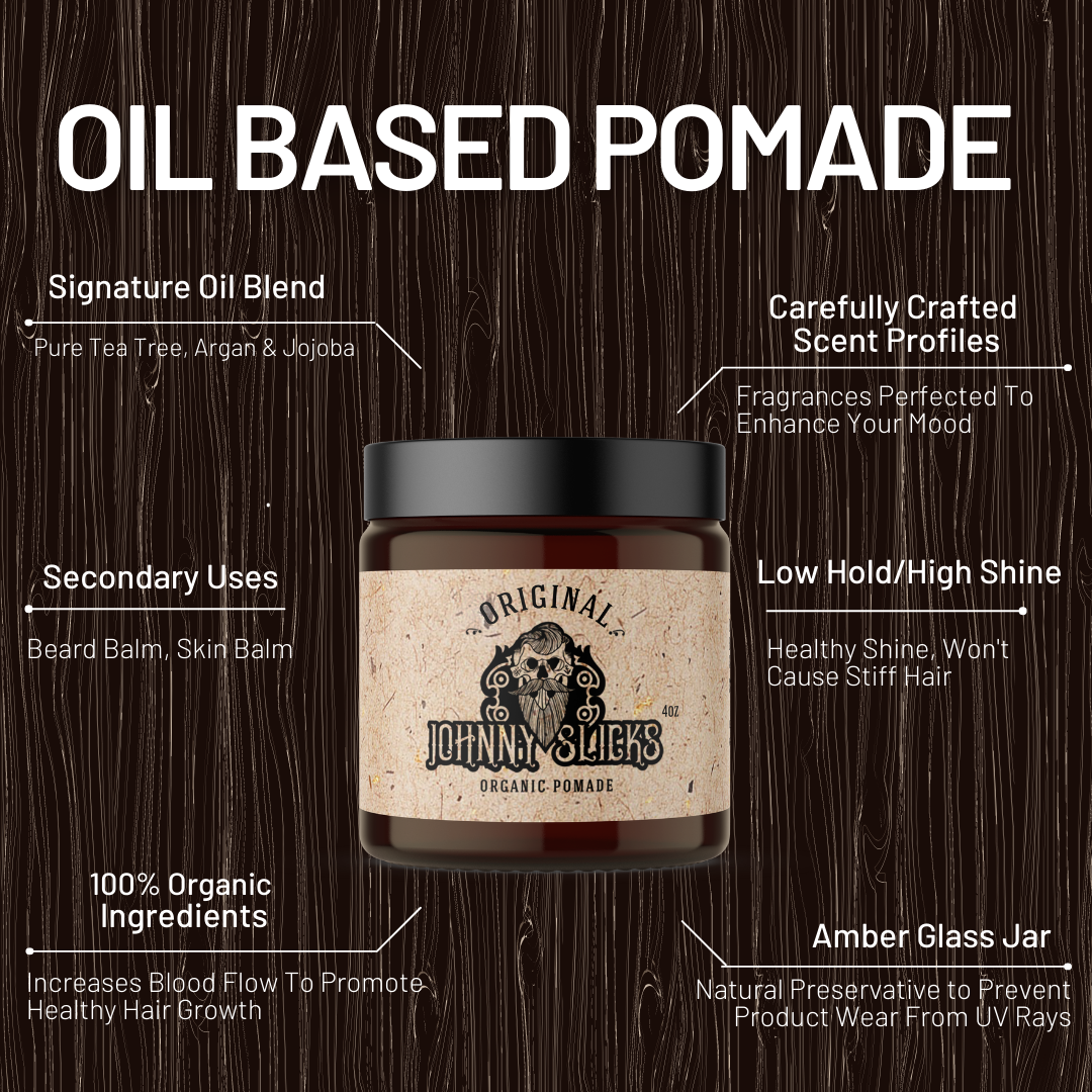 Johnny Slicks Original Organic Pomade 4oz in amber glass jar with black lid, oil based, low hold high shine