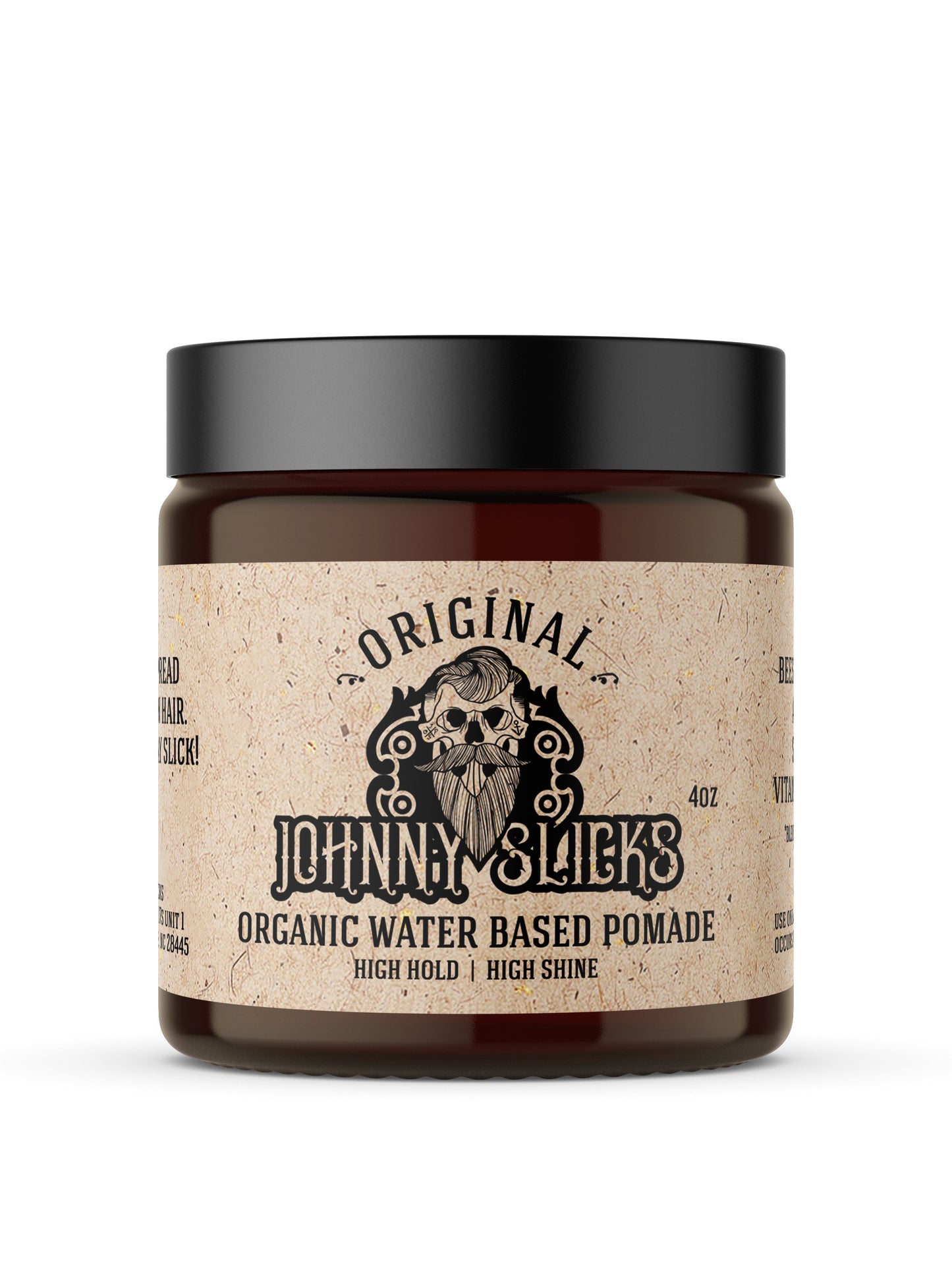 Johnny Slicks Original Organic Water Based Pomade, 4oz amber jar with black lid, high hold high shine