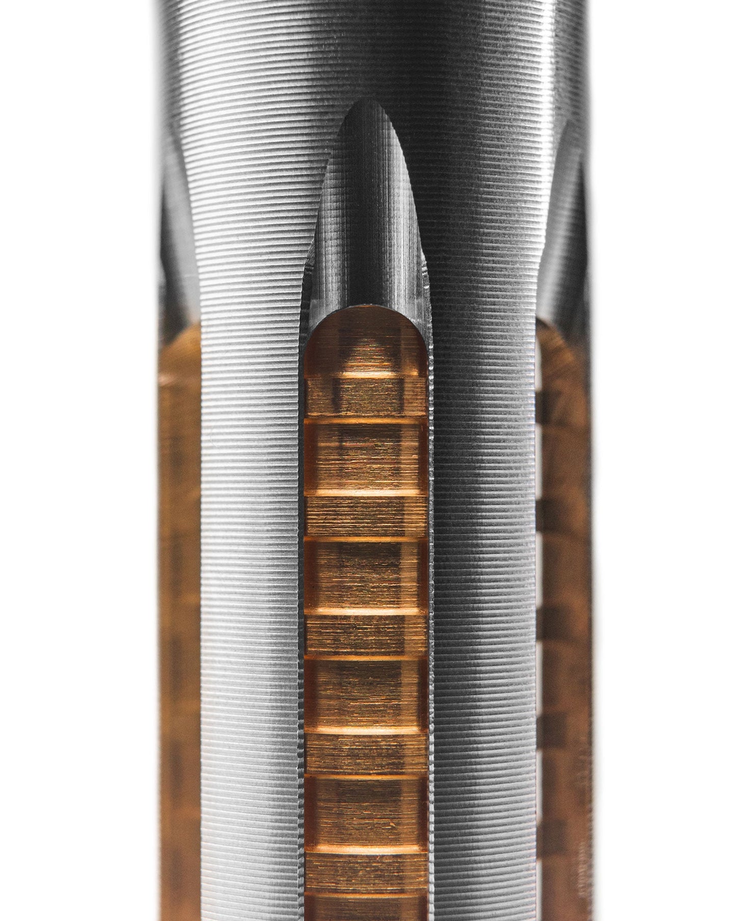 Close-up of Osprey safety razor handle showing brushed steel finish with exposed copper coil pattern through vertical cutout