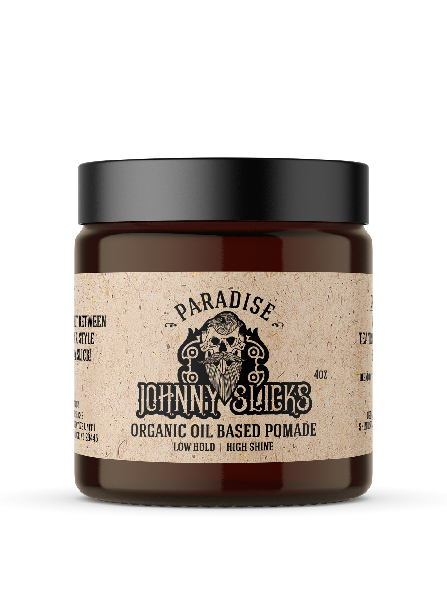 Johnny Slicks Paradise Organic Oil Based Pomade, 4oz amber jar with black lid, low hold high shine