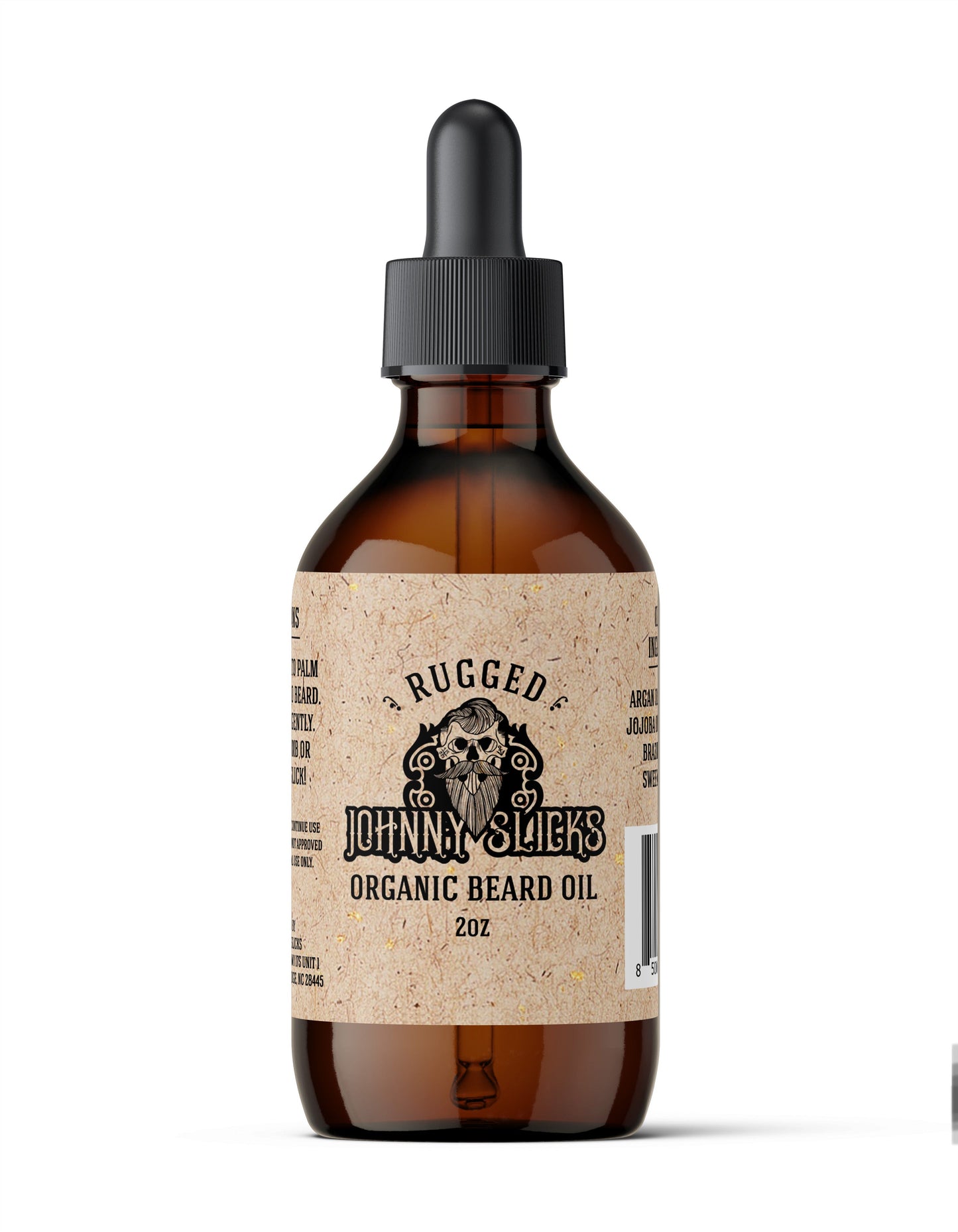 Johnny Slicks Rugged Organic Beard Oil 2oz in amber glass dropper bottle with beige kraft paper label