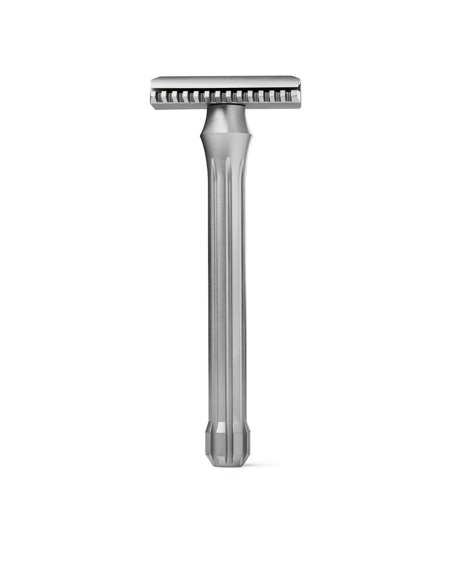 Blackbird double-edge safety razor in matte silver stainless steel with fluted handle and open-comb head