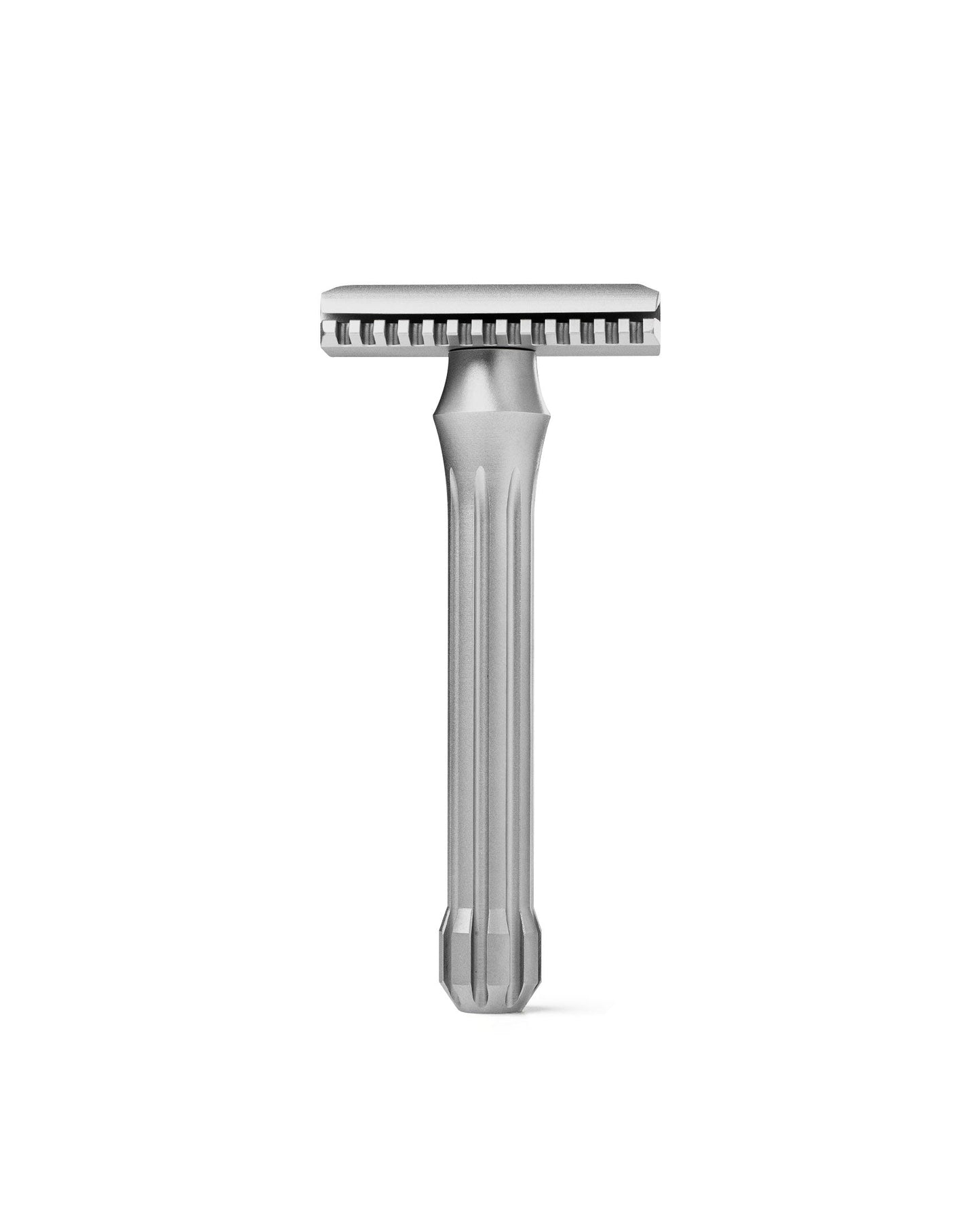 Blackbird double-edge safety razor in matte stainless steel with fluted handle and open-comb head