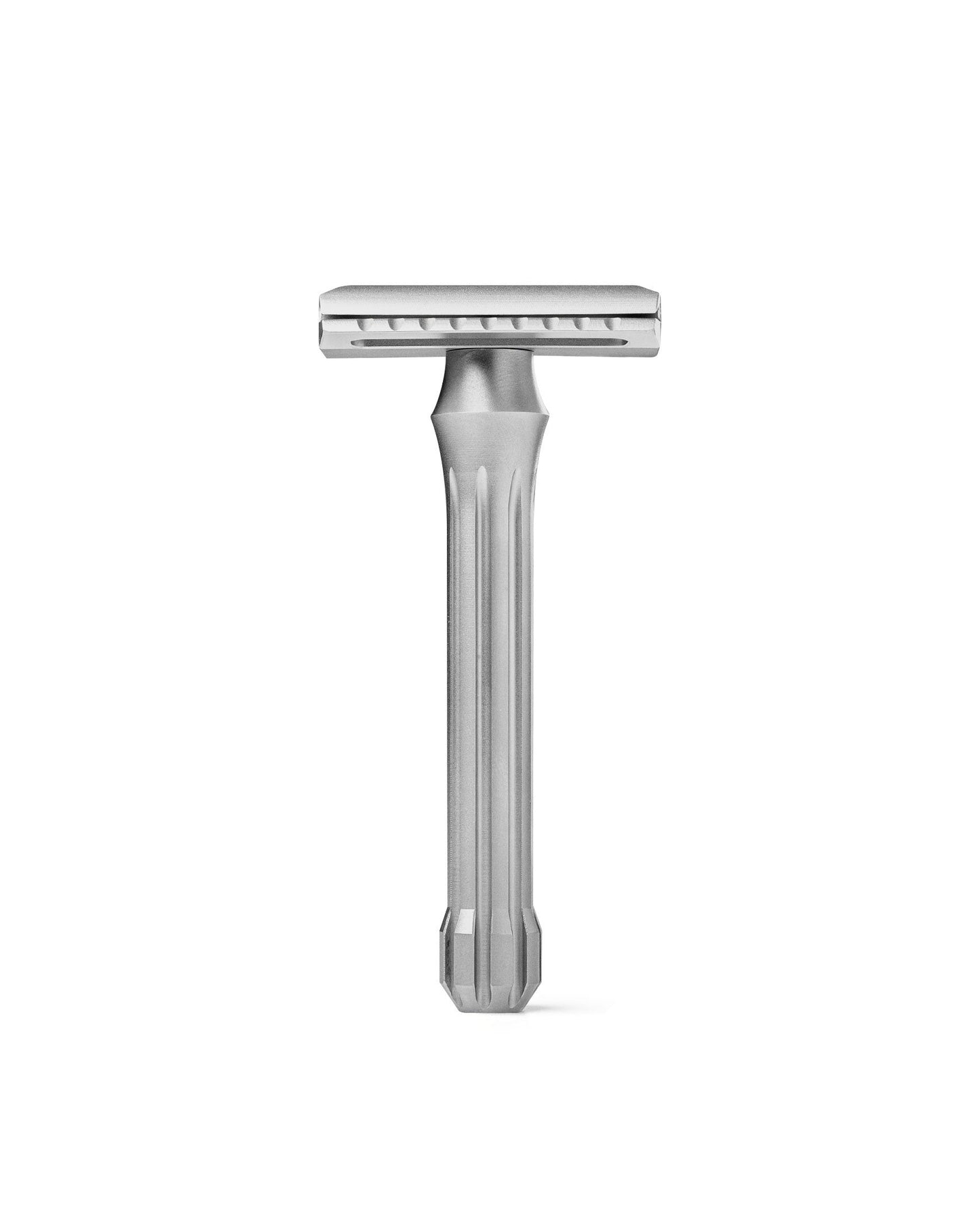 Blackbird double-edge safety razor in brushed stainless steel with fluted handle, front view